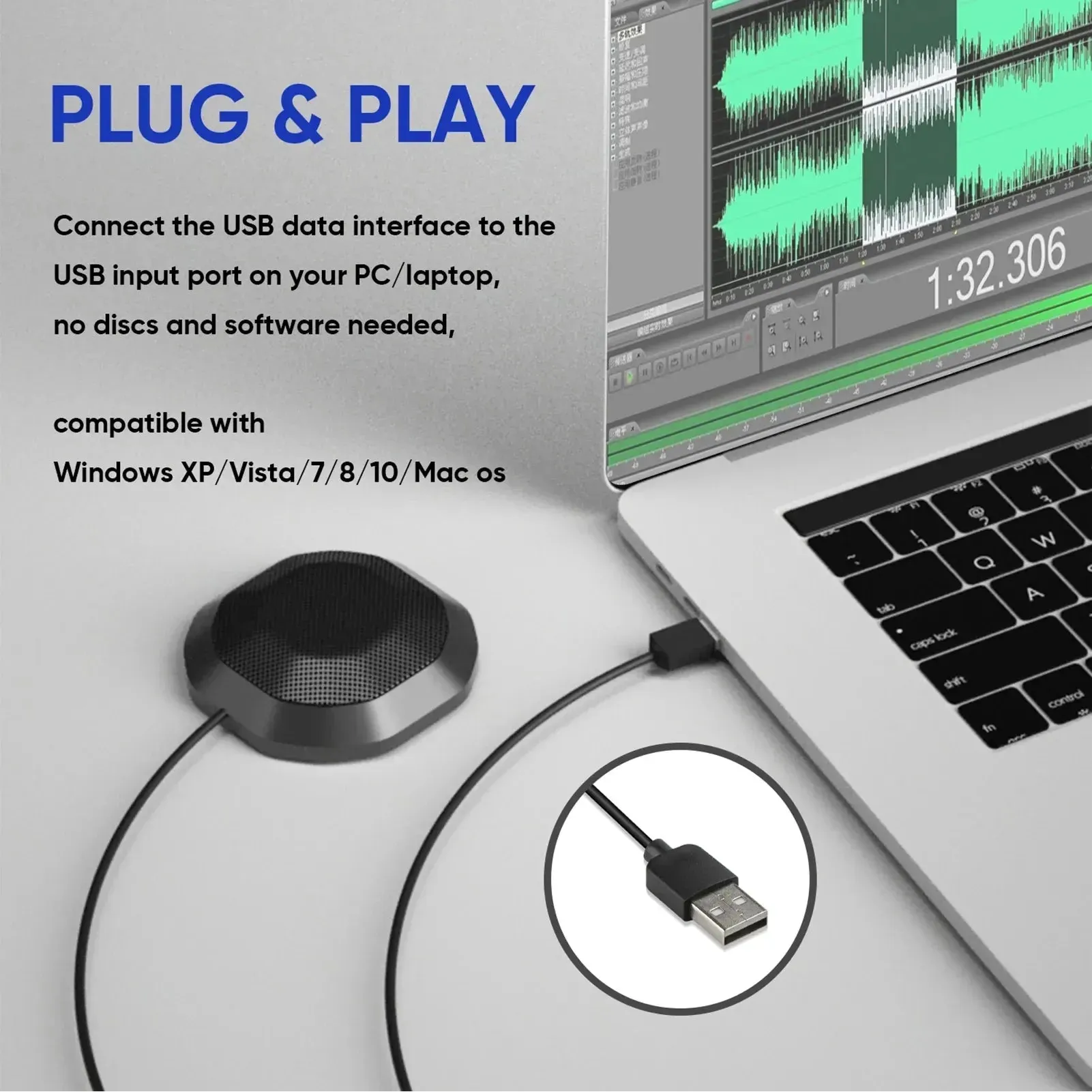 360° Omnidirectional USB Microphone with Touch-Mute: Ideal for Conference Calls, Podcasts, Streaming