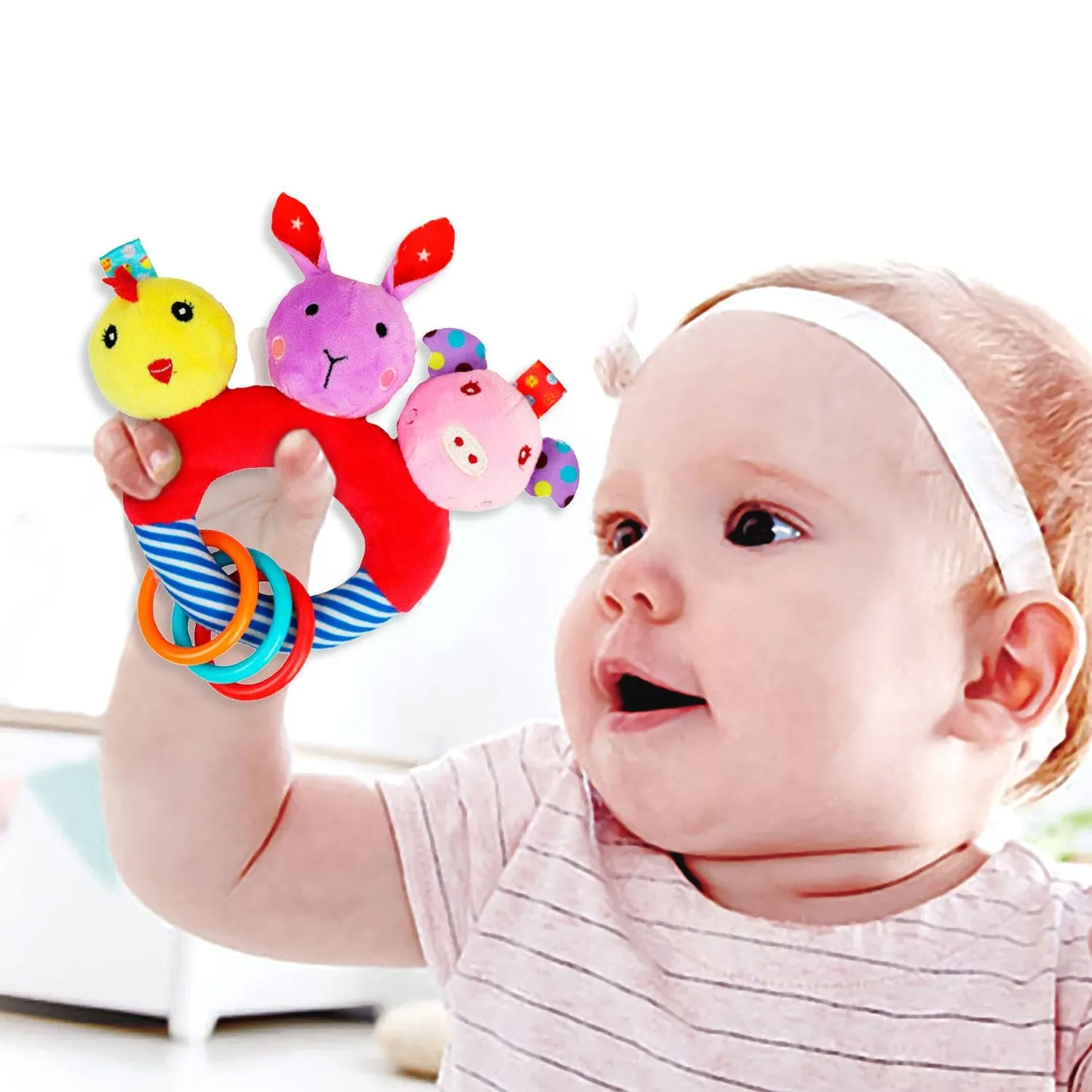 Baby Moo Farm Animals Squeaker Teething Ring Handheld Rattle - Red