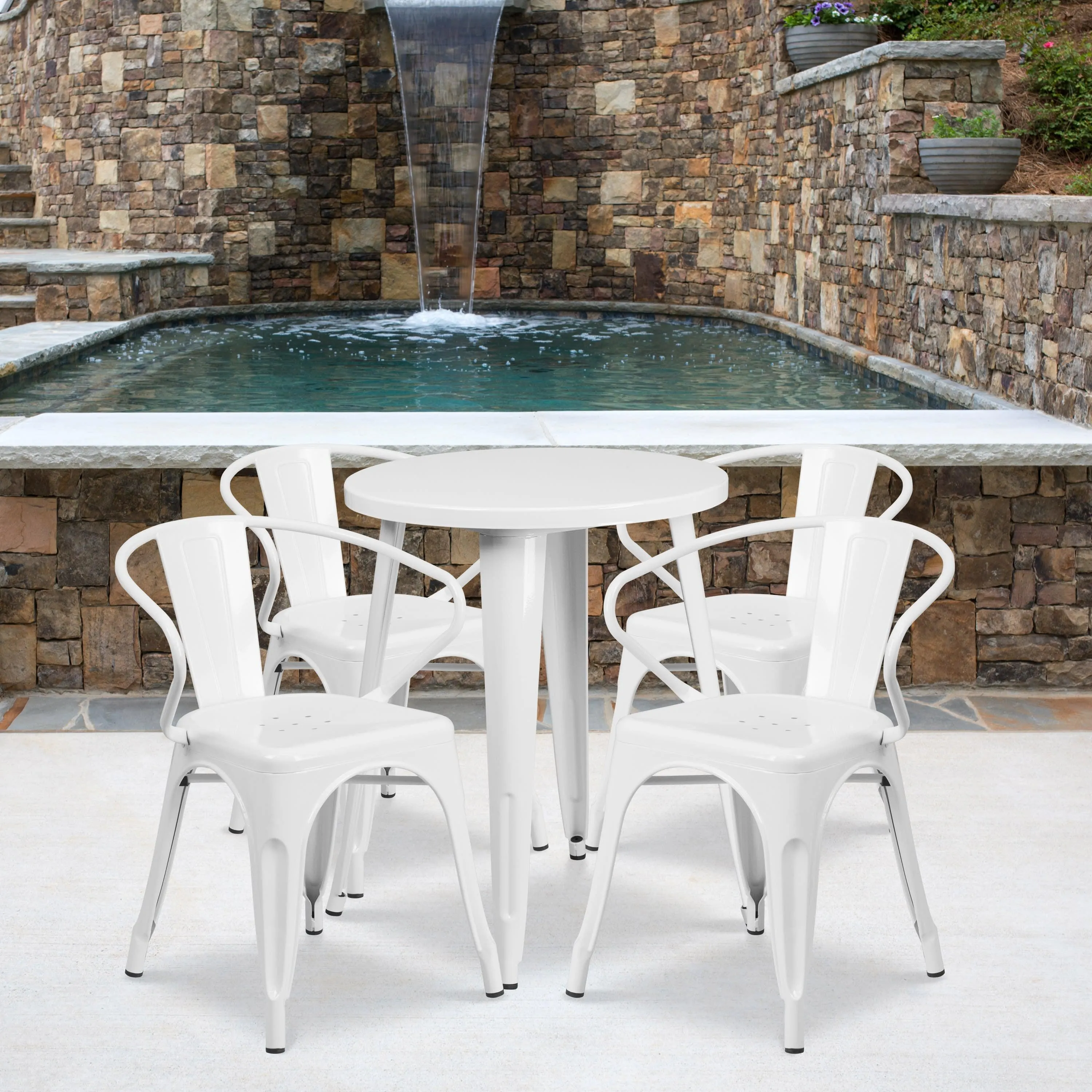 Commercial Grade 24" Round Metal Indoor-Outdoor Table Set with 4 Arm Chairs