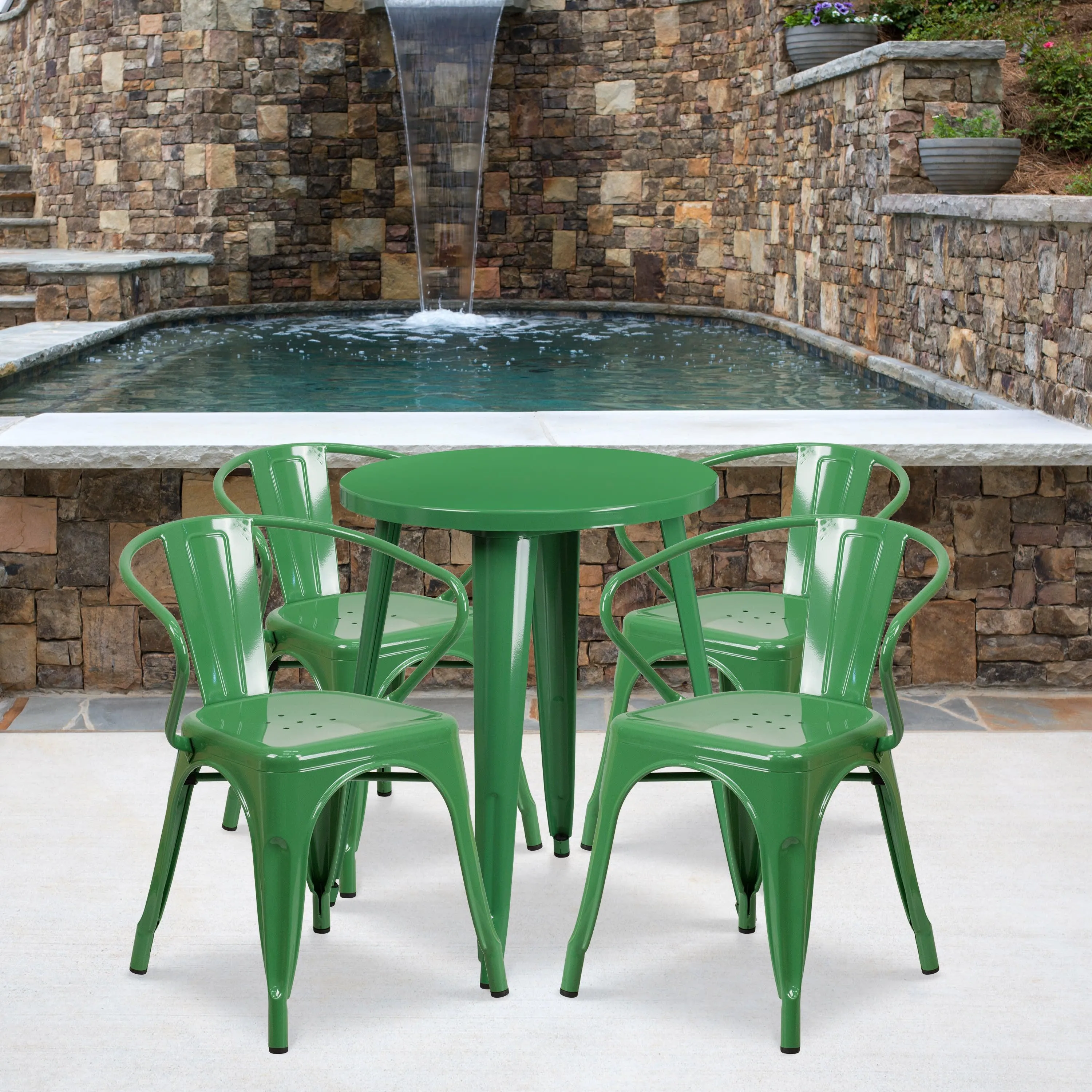 Commercial Grade 24" Round Metal Indoor-Outdoor Table Set with 4 Arm Chairs