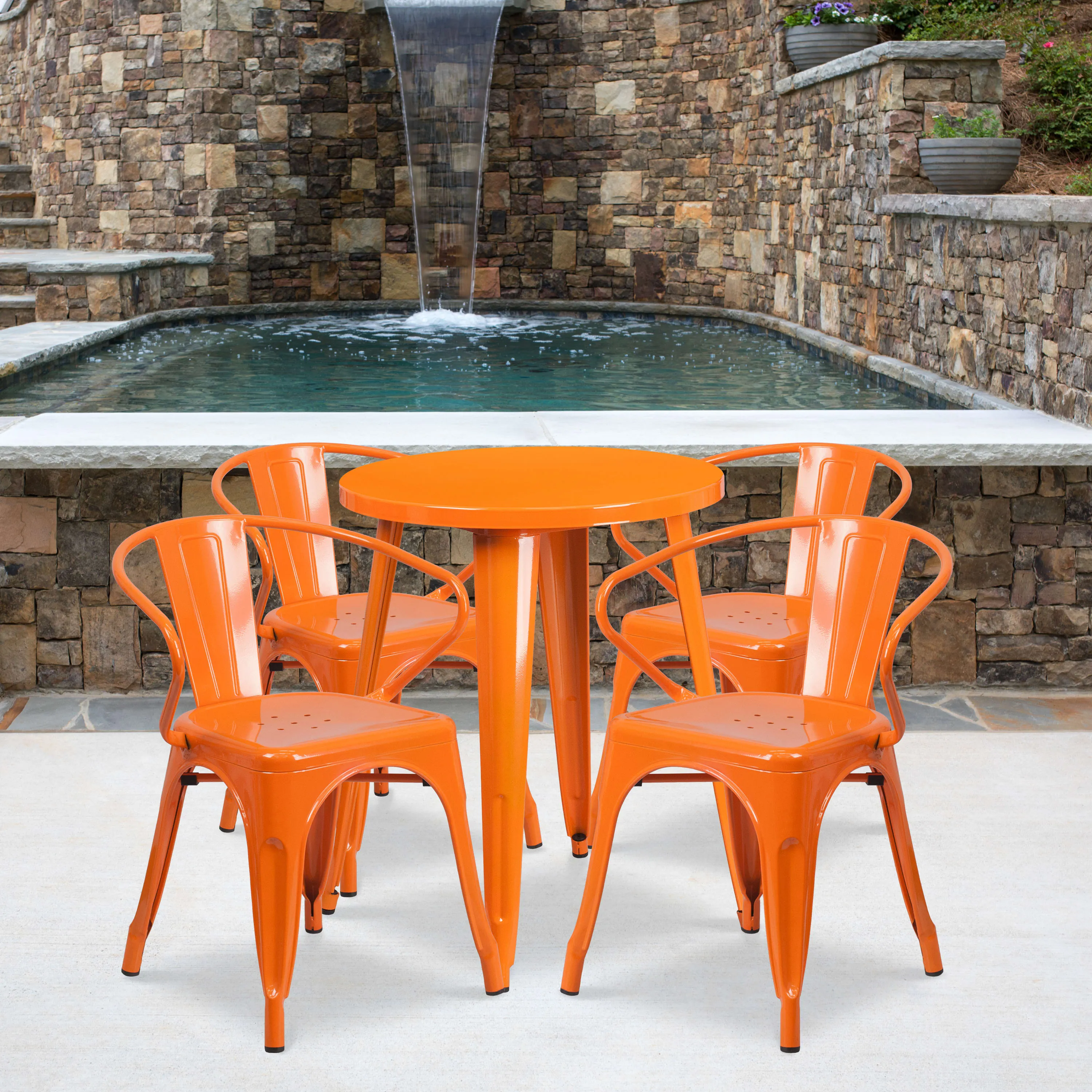 Commercial Grade 24" Round Metal Indoor-Outdoor Table Set with 4 Arm Chairs