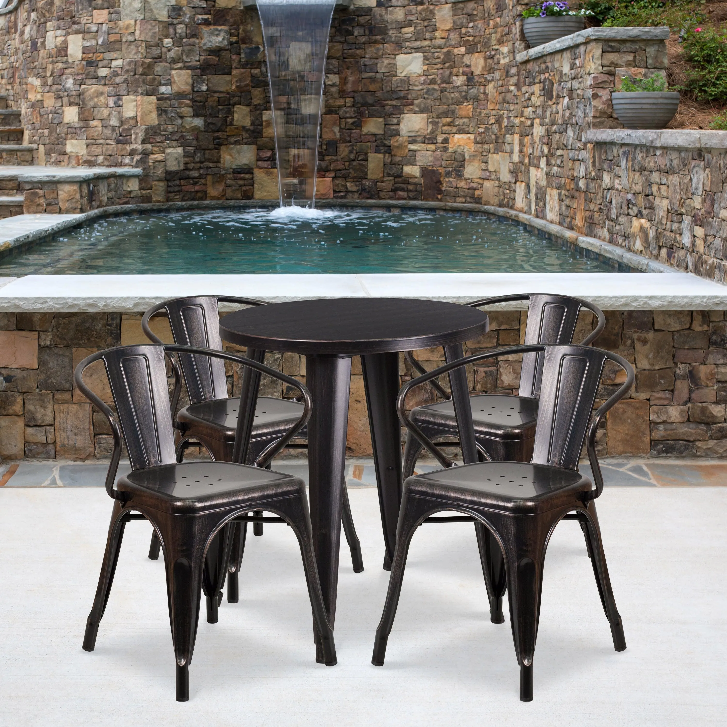 Commercial Grade 24" Round Metal Indoor-Outdoor Table Set with 4 Arm Chairs