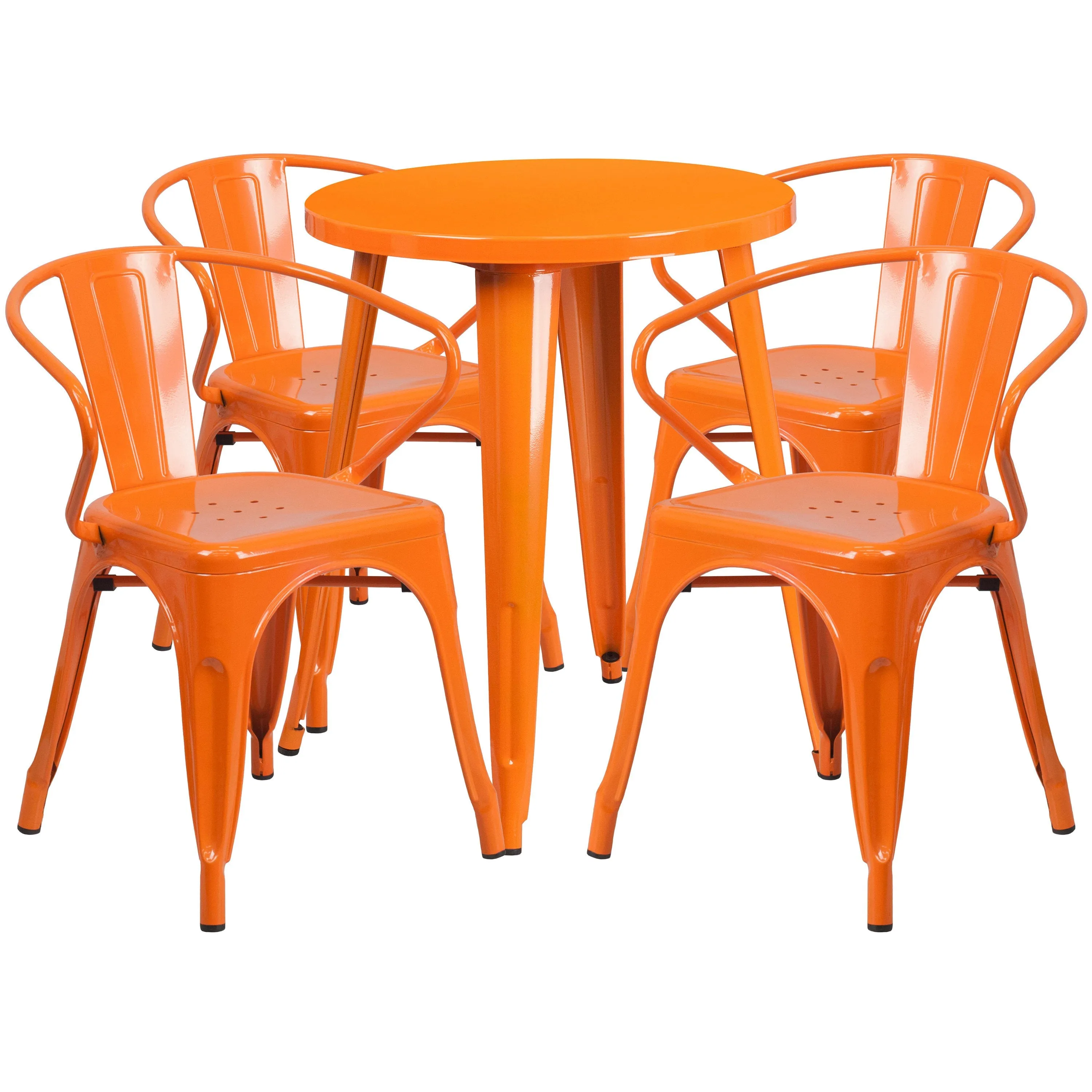 Commercial Grade 24" Round Metal Indoor-Outdoor Table Set with 4 Arm Chairs