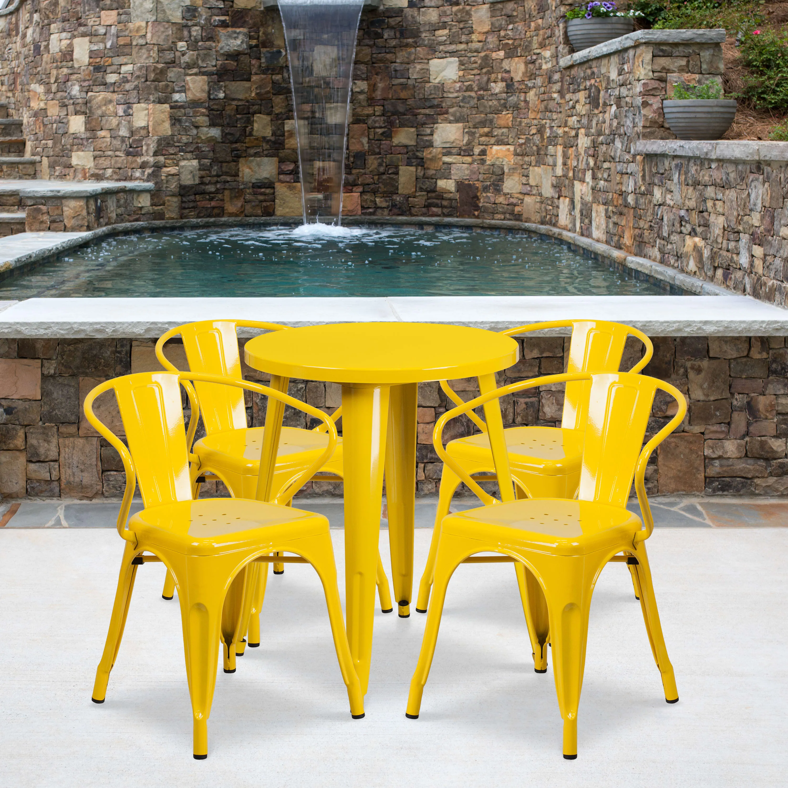 Commercial Grade 24" Round Metal Indoor-Outdoor Table Set with 4 Arm Chairs