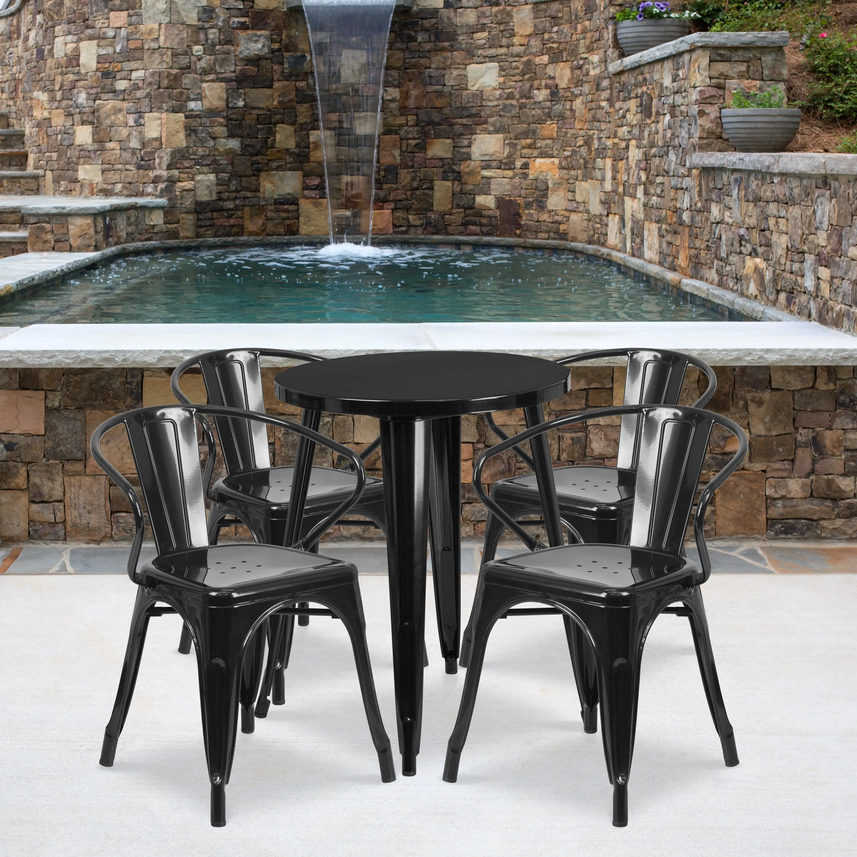 Commercial Grade 24" Round Metal Indoor-Outdoor Table Set with 4 Arm Chairs