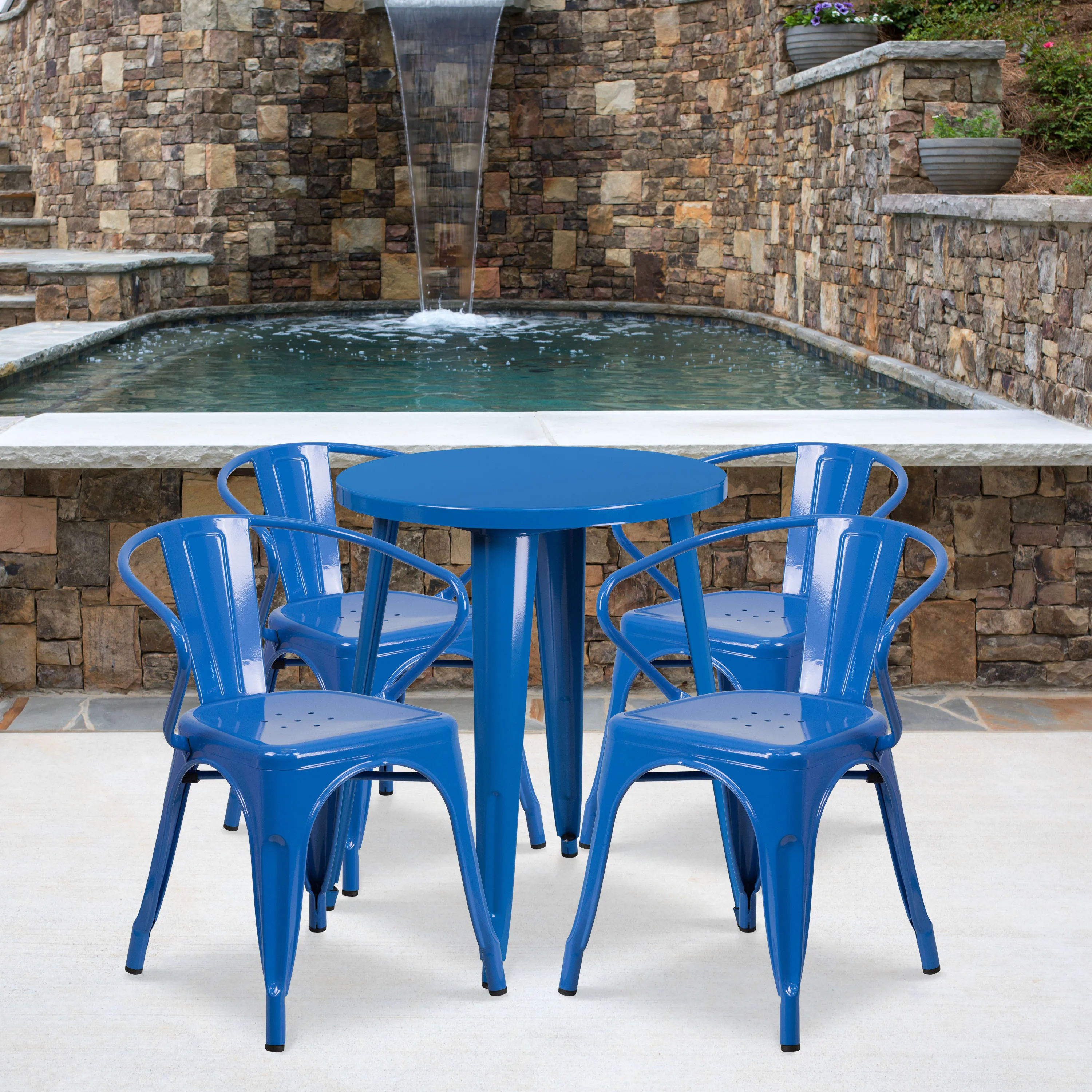 Commercial Grade 24" Round Metal Indoor-Outdoor Table Set with 4 Arm Chairs