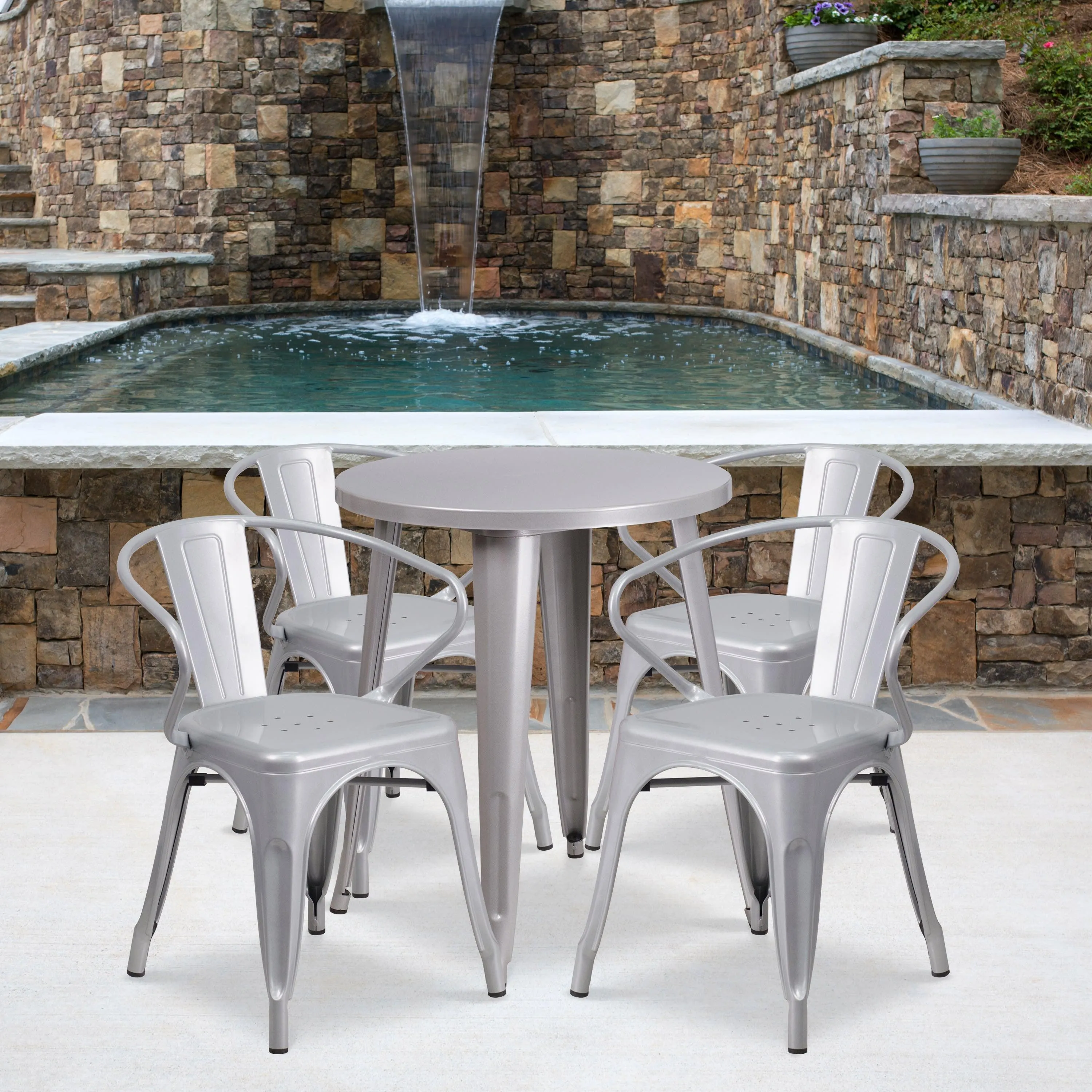 Commercial Grade 24" Round Metal Indoor-Outdoor Table Set with 4 Arm Chairs