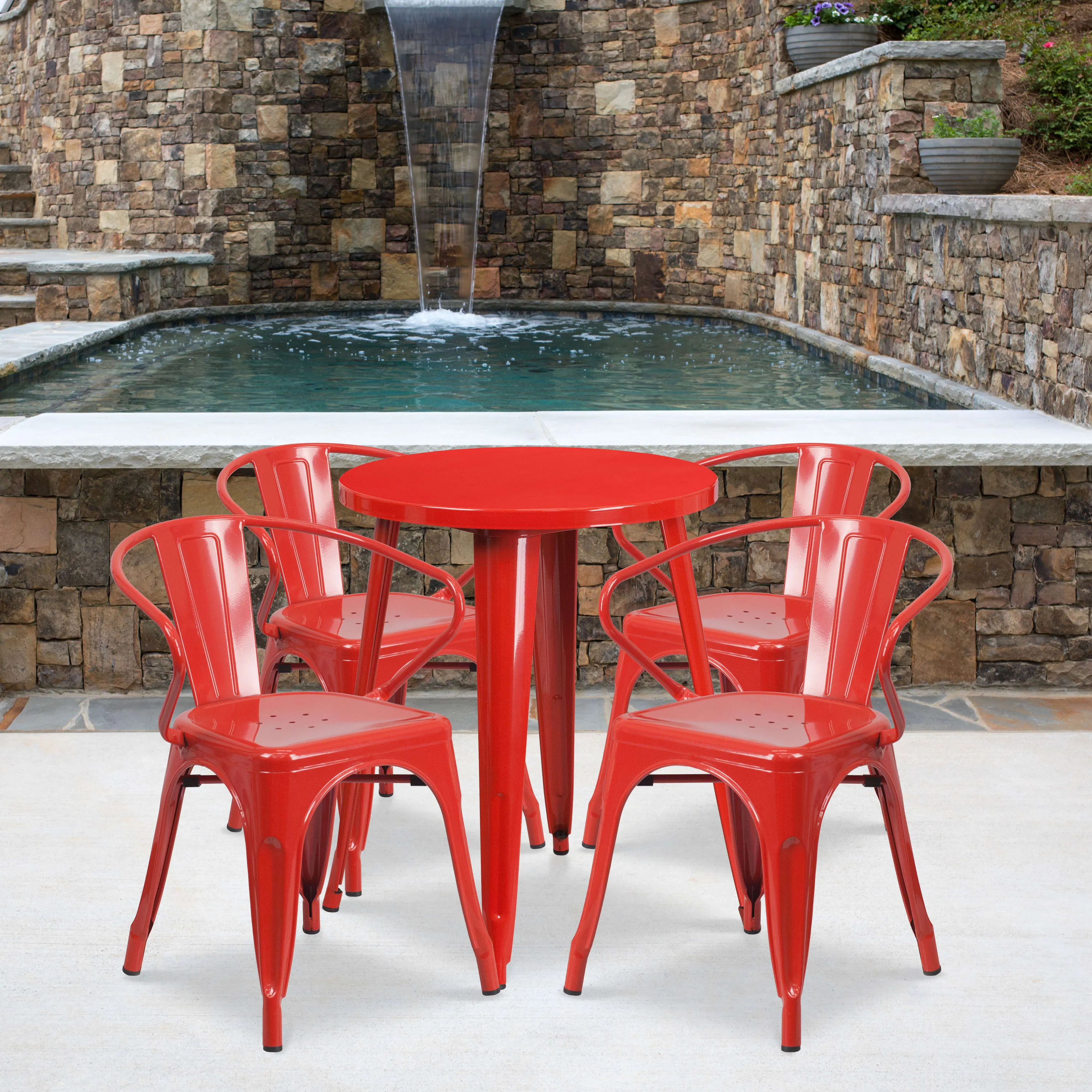 Commercial Grade 24" Round Metal Indoor-Outdoor Table Set with 4 Arm Chairs
