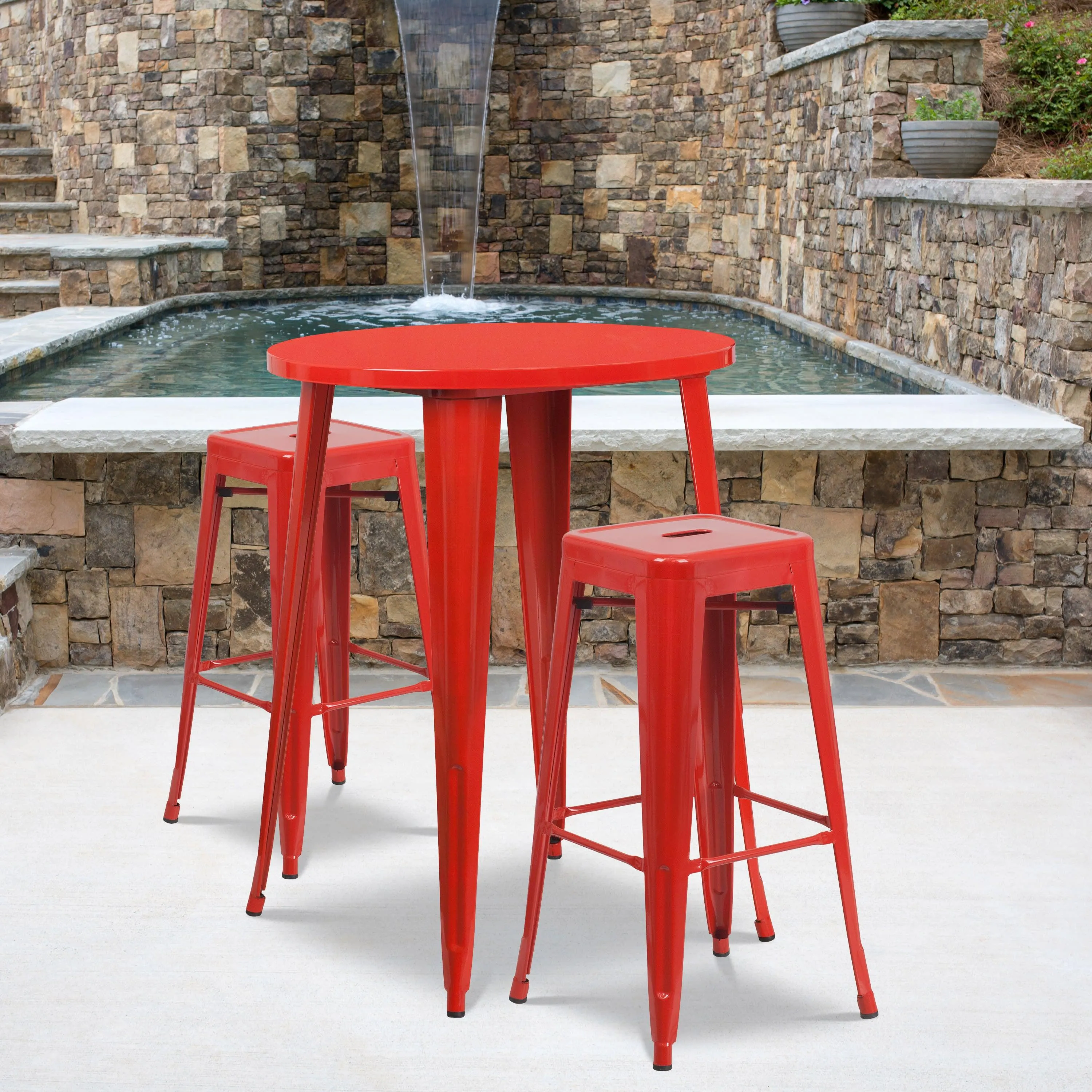 Commercial Grade 30" Round Metal Indoor-Outdoor Bar Table Set with 2 Square Seat Backless Stools