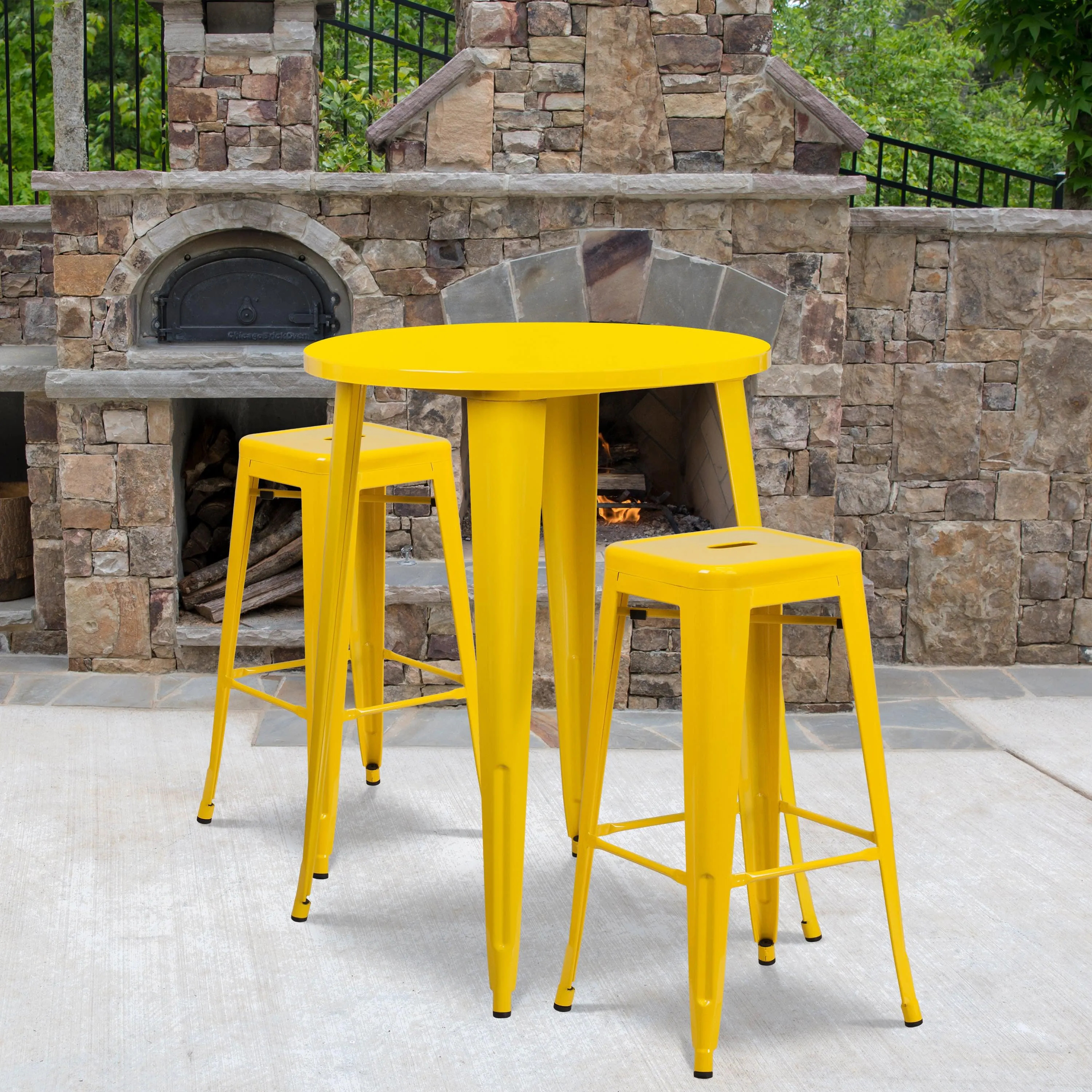 Commercial Grade 30" Round Metal Indoor-Outdoor Bar Table Set with 2 Square Seat Backless Stools