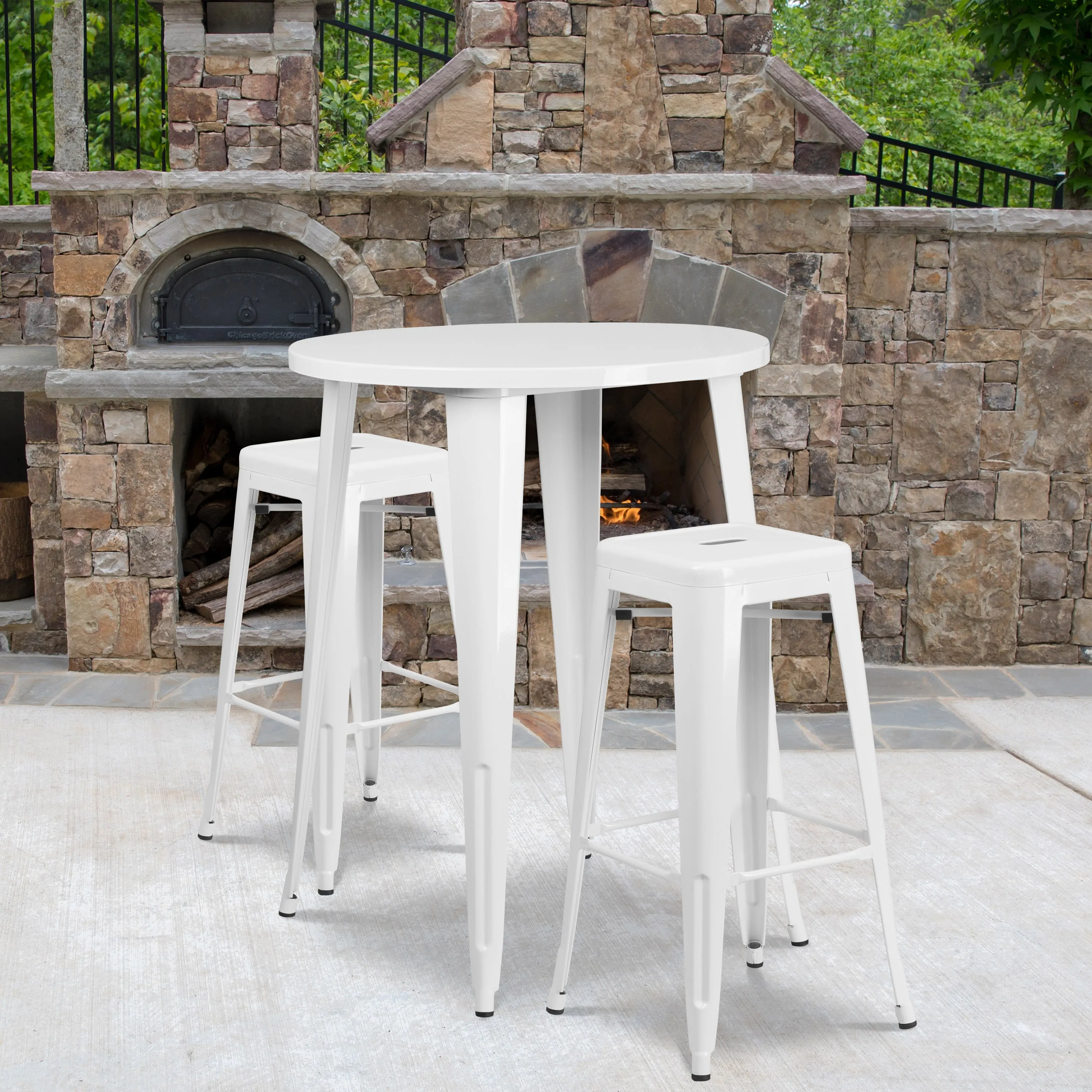 Commercial Grade 30" Round Metal Indoor-Outdoor Bar Table Set with 2 Square Seat Backless Stools