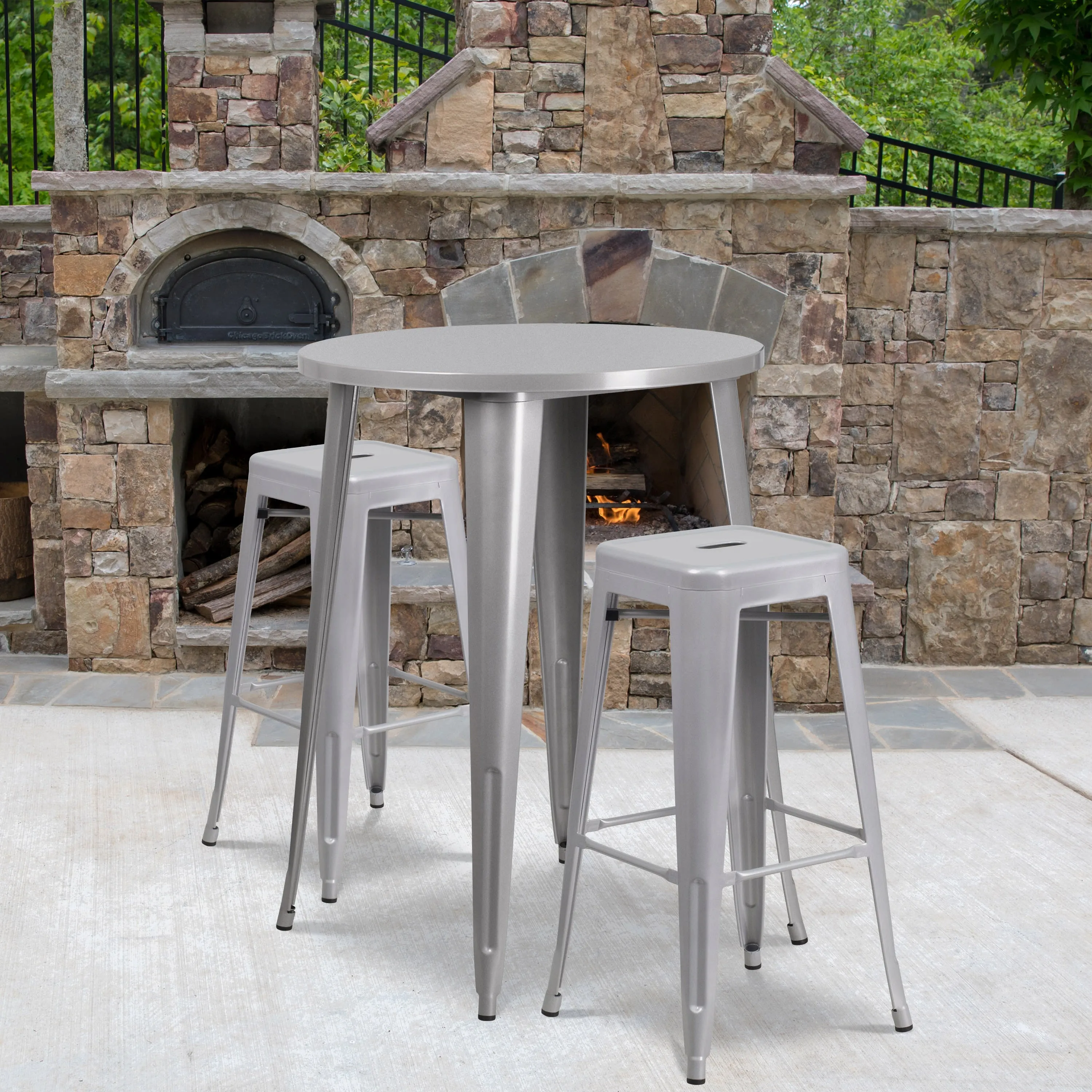 Commercial Grade 30" Round Metal Indoor-Outdoor Bar Table Set with 2 Square Seat Backless Stools