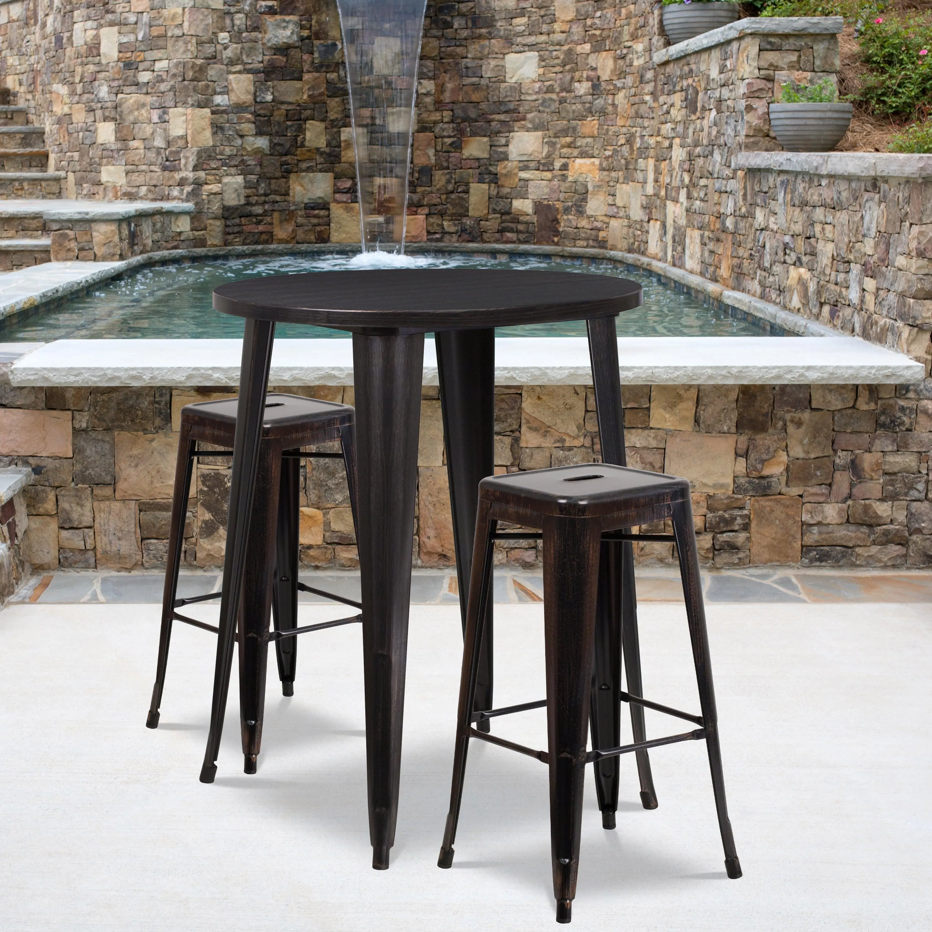 Commercial Grade 30" Round Metal Indoor-Outdoor Bar Table Set with 2 Square Seat Backless Stools