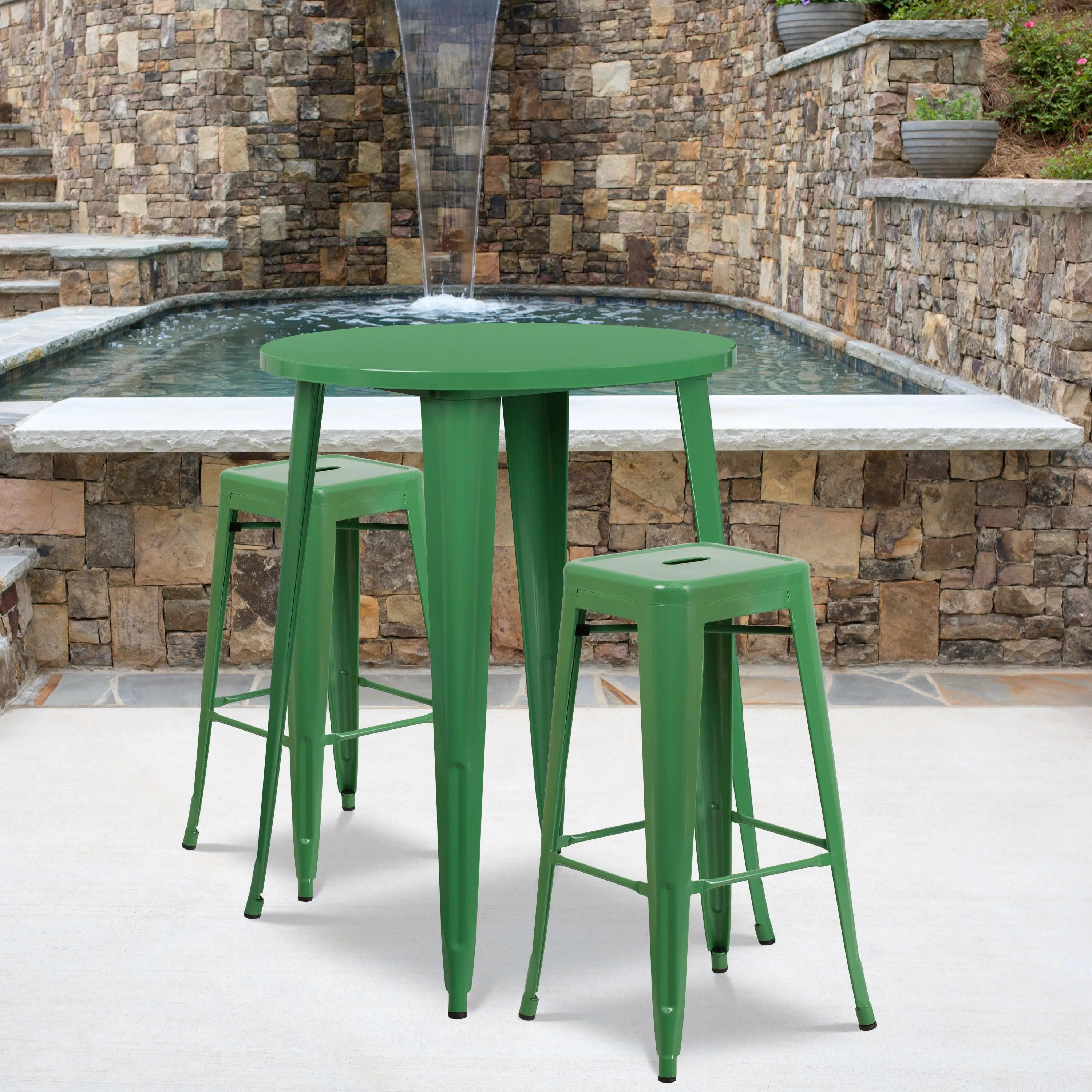 Commercial Grade 30" Round Metal Indoor-Outdoor Bar Table Set with 2 Square Seat Backless Stools