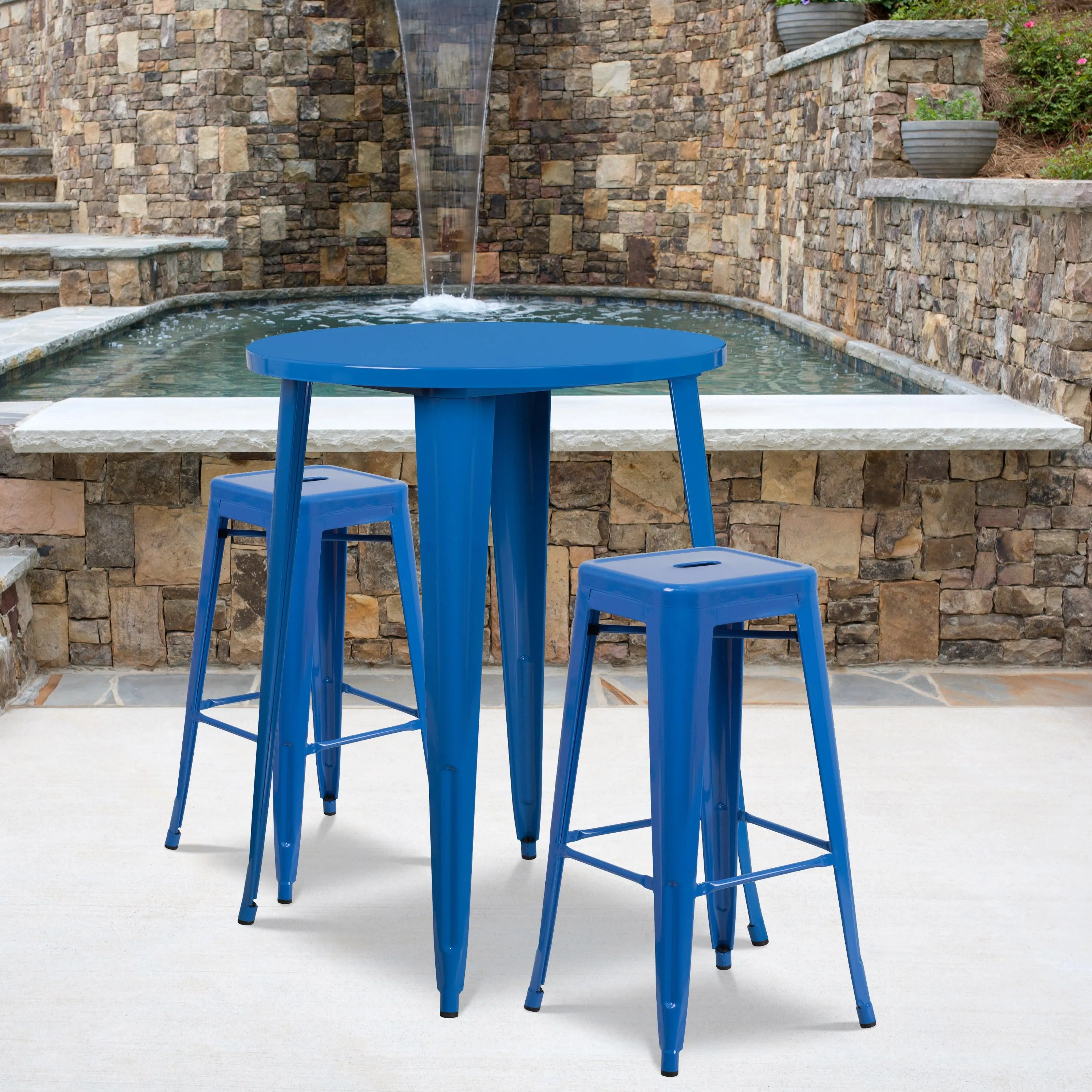 Commercial Grade 30" Round Metal Indoor-Outdoor Bar Table Set with 2 Square Seat Backless Stools