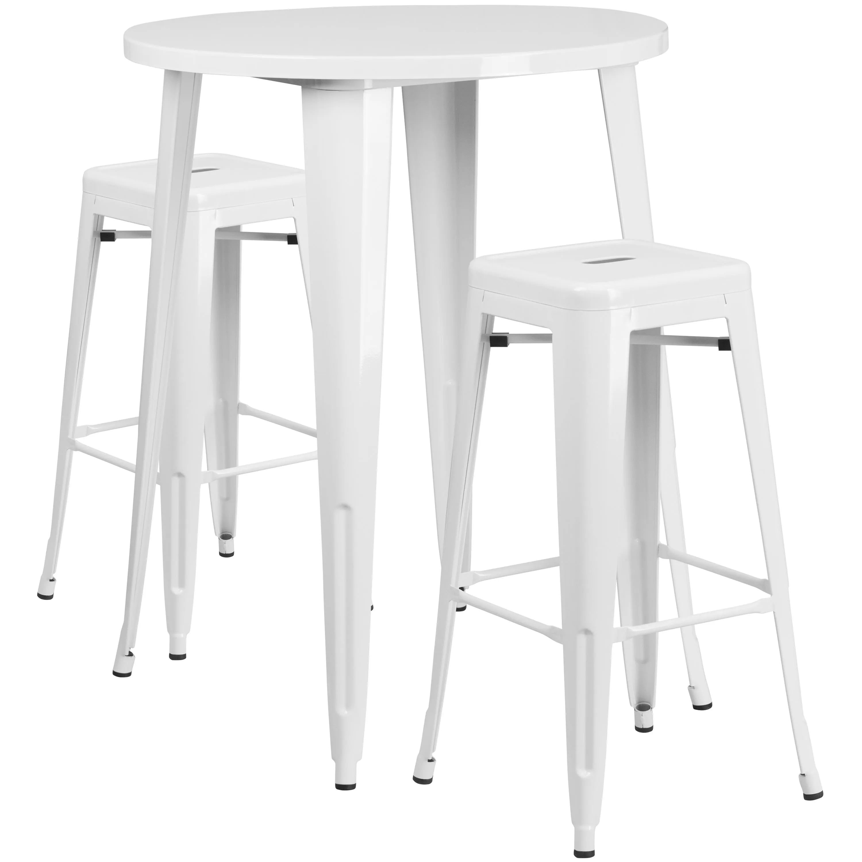 Commercial Grade 30" Round Metal Indoor-Outdoor Bar Table Set with 2 Square Seat Backless Stools