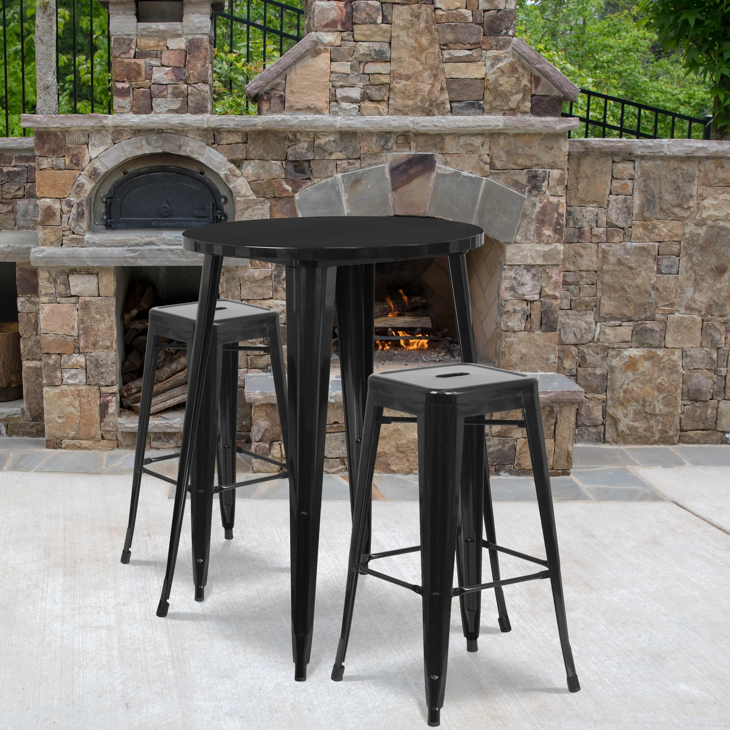 Commercial Grade 30" Round Metal Indoor-Outdoor Bar Table Set with 2 Square Seat Backless Stools
