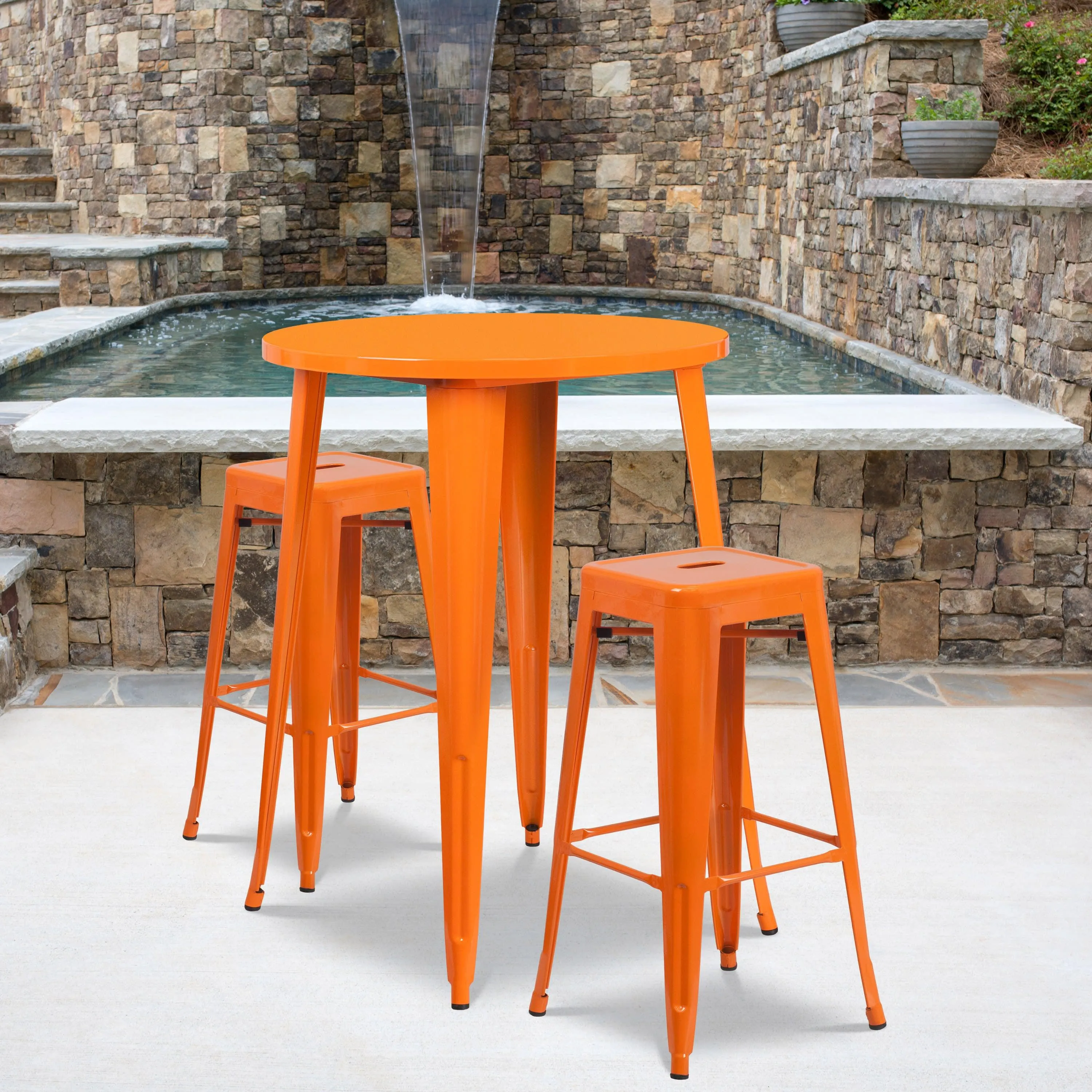 Commercial Grade 30" Round Metal Indoor-Outdoor Bar Table Set with 2 Square Seat Backless Stools