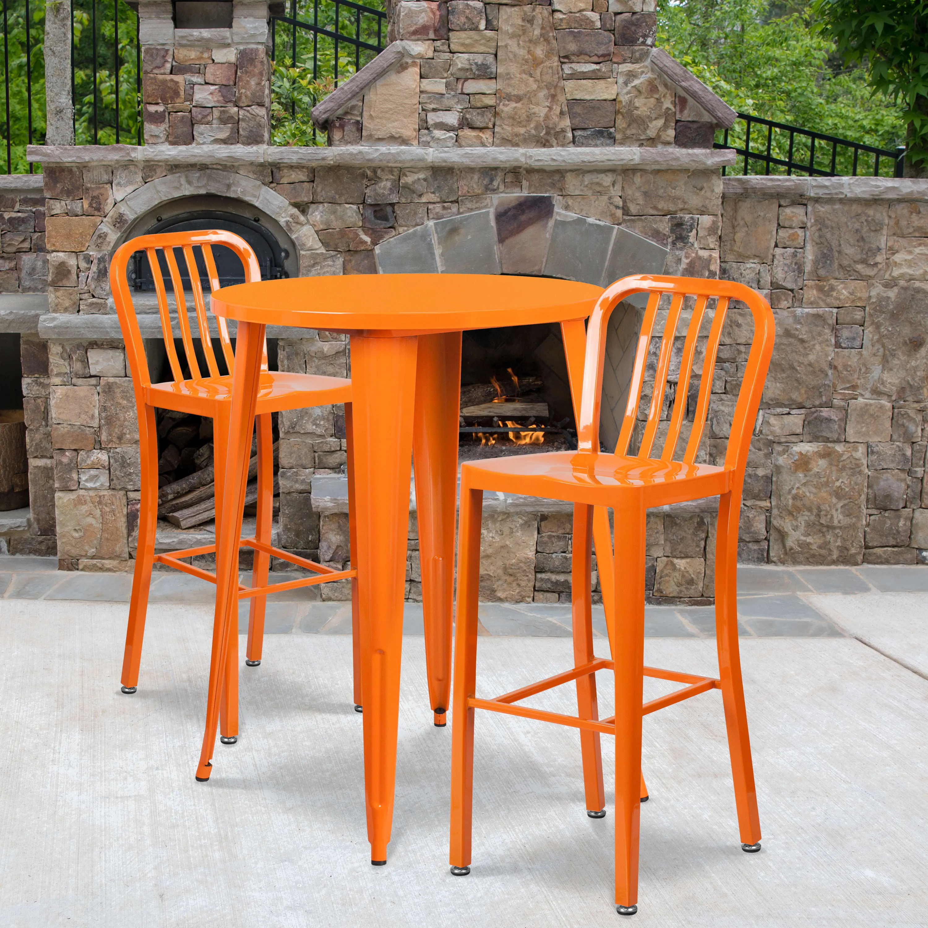 Commercial Grade 30" Round Metal Indoor-Outdoor Bar Table Set with 2 Vertical Slat Back Stools