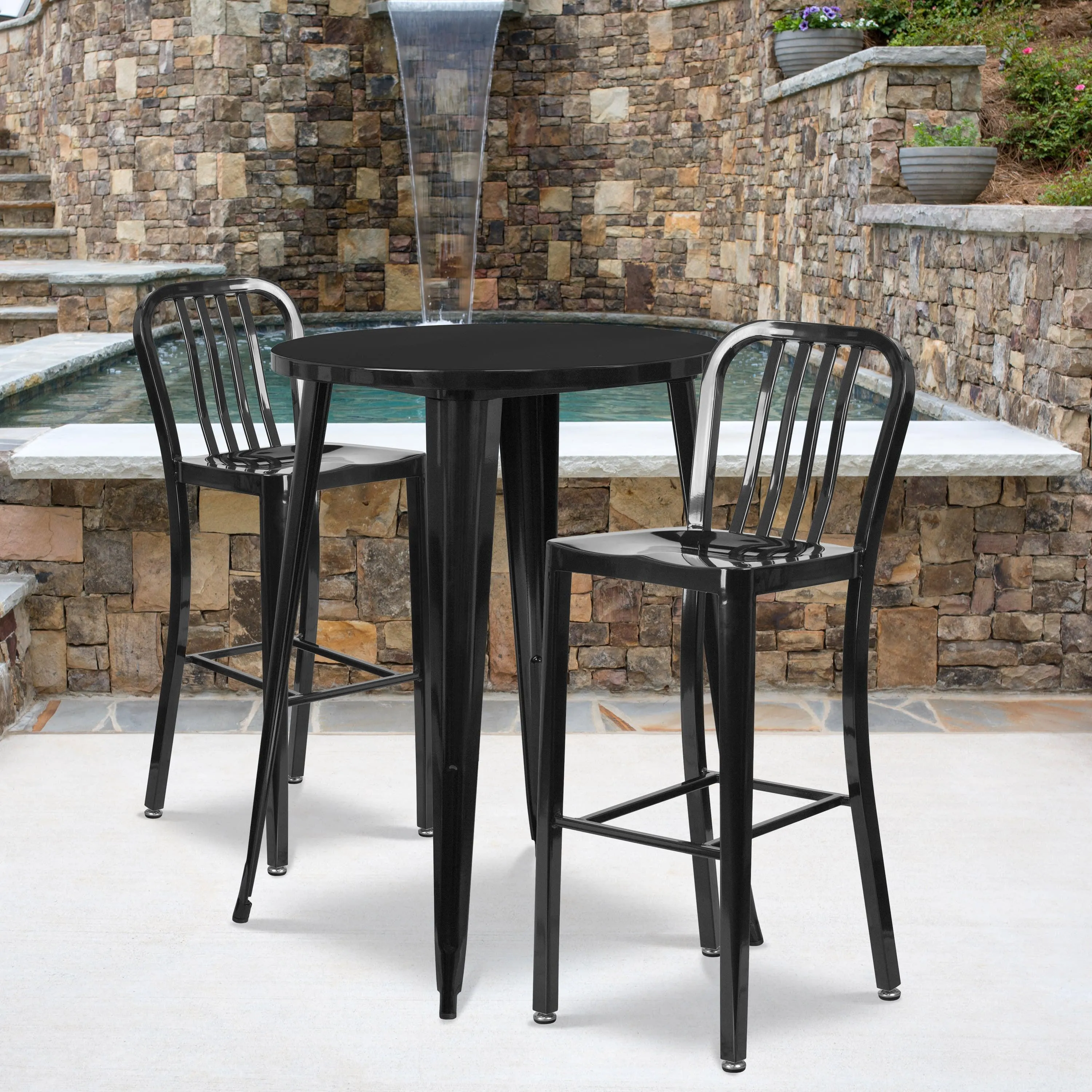 Commercial Grade 30" Round Metal Indoor-Outdoor Bar Table Set with 2 Vertical Slat Back Stools
