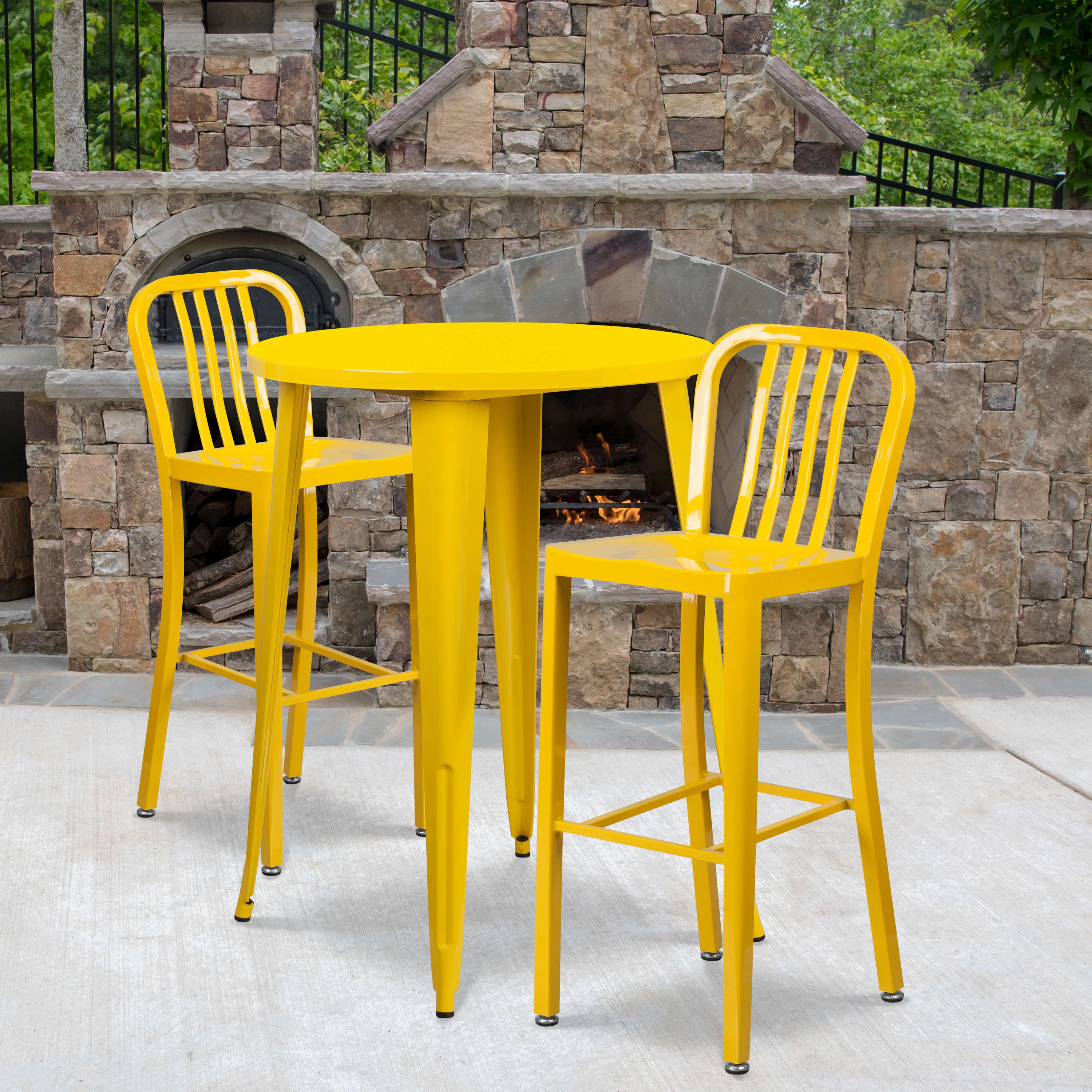 Commercial Grade 30" Round Metal Indoor-Outdoor Bar Table Set with 2 Vertical Slat Back Stools