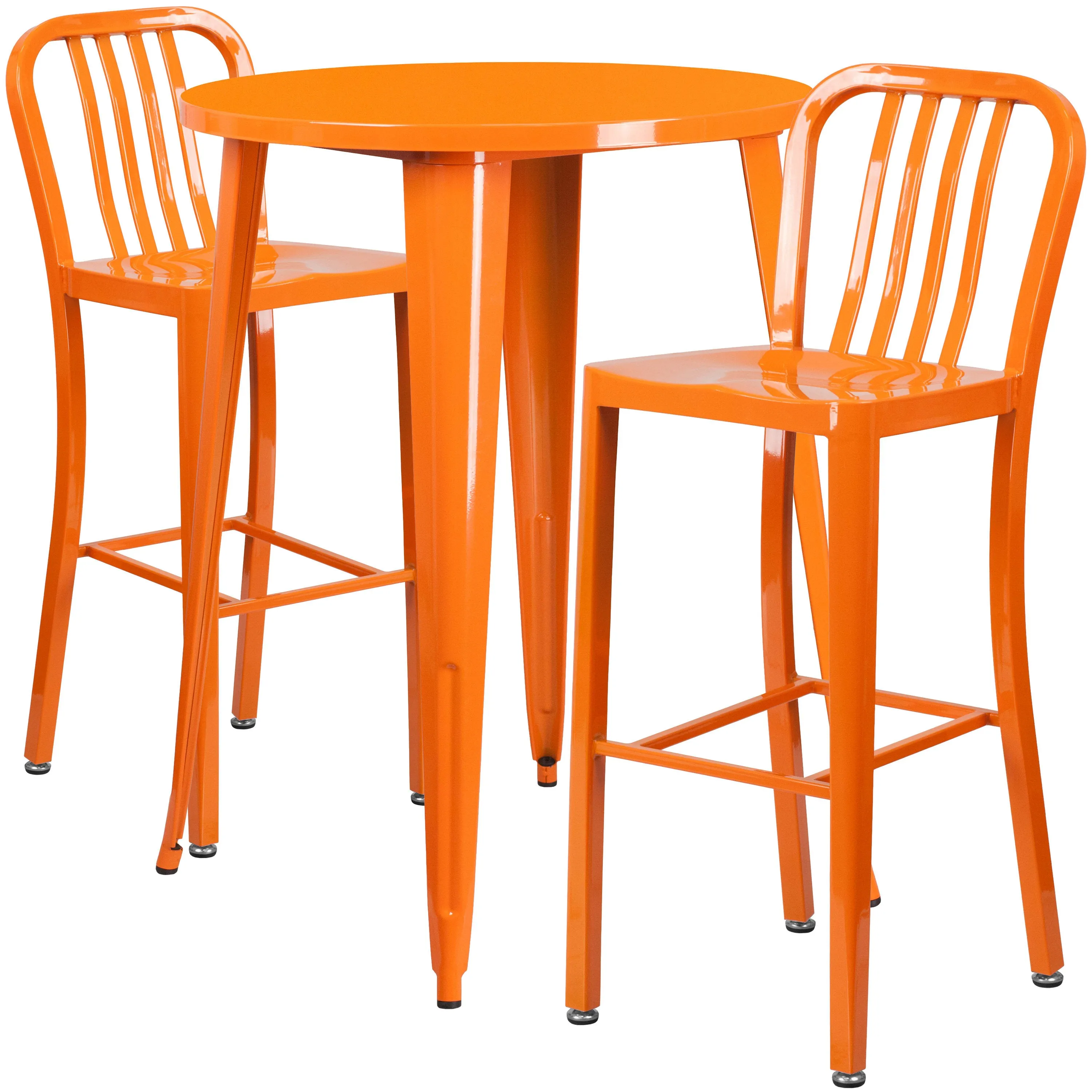 Commercial Grade 30" Round Metal Indoor-Outdoor Bar Table Set with 2 Vertical Slat Back Stools