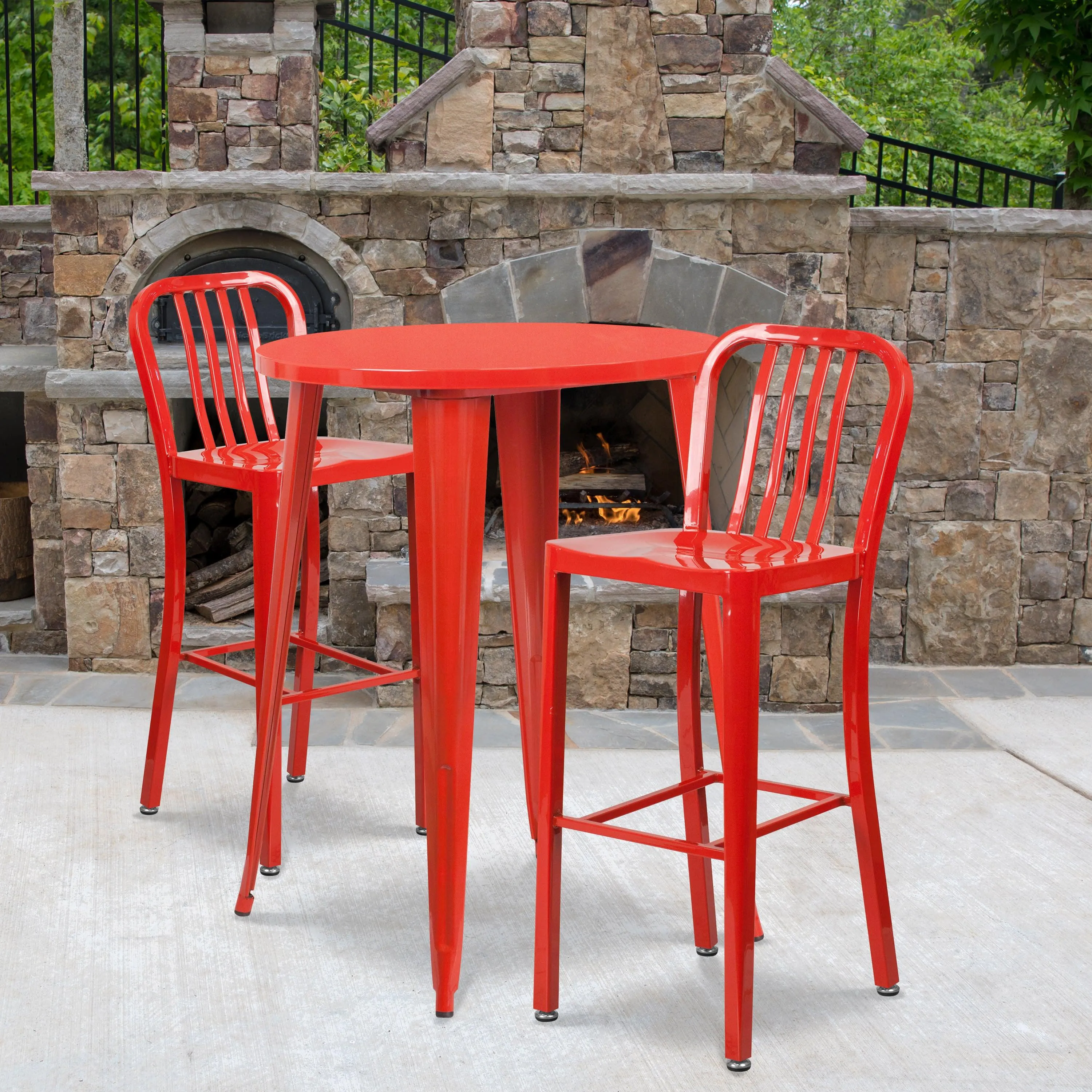 Commercial Grade 30" Round Metal Indoor-Outdoor Bar Table Set with 2 Vertical Slat Back Stools