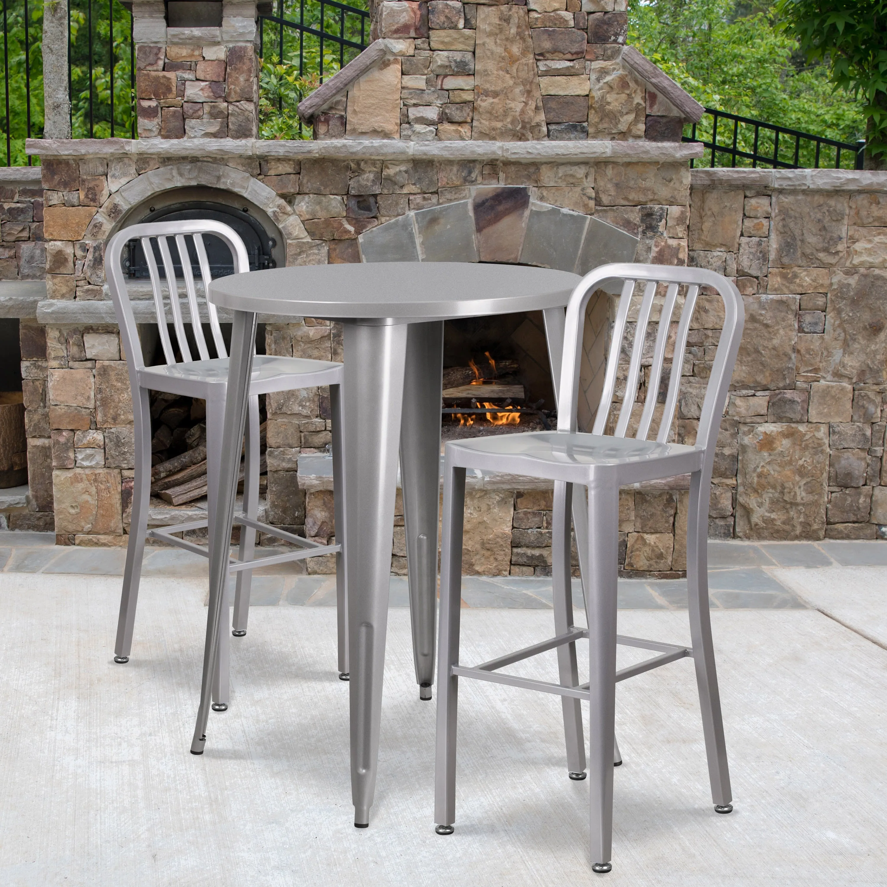Commercial Grade 30" Round Metal Indoor-Outdoor Bar Table Set with 2 Vertical Slat Back Stools