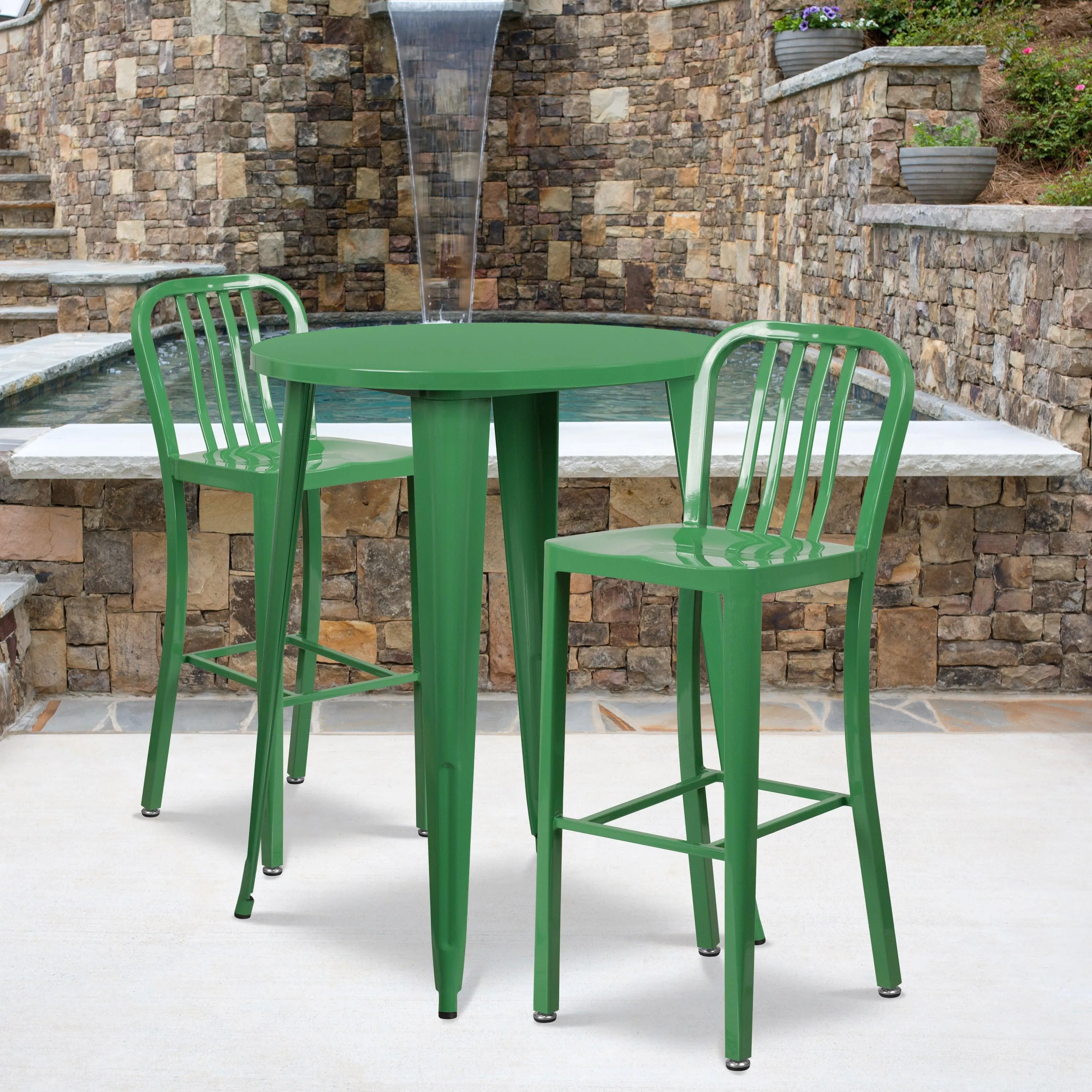 Commercial Grade 30" Round Metal Indoor-Outdoor Bar Table Set with 2 Vertical Slat Back Stools