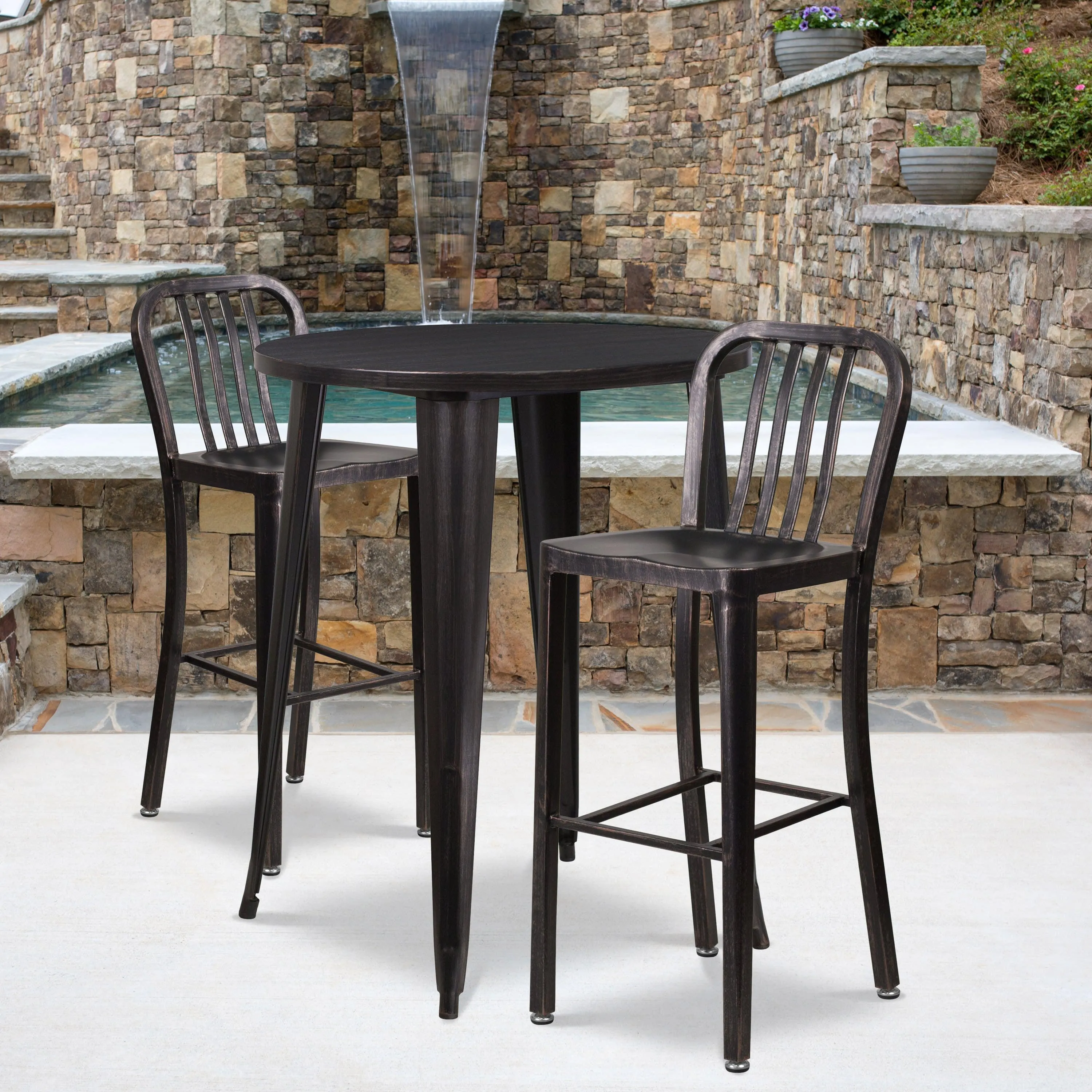 Commercial Grade 30" Round Metal Indoor-Outdoor Bar Table Set with 2 Vertical Slat Back Stools