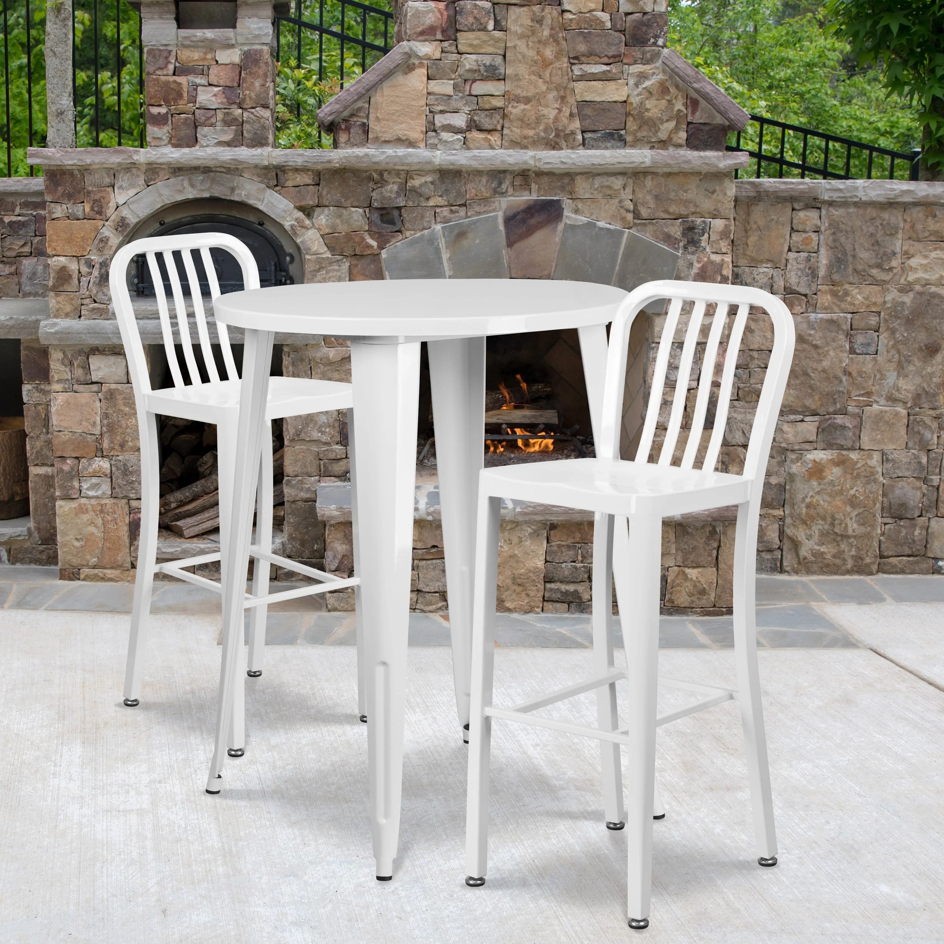 Commercial Grade 30" Round Metal Indoor-Outdoor Bar Table Set with 2 Vertical Slat Back Stools