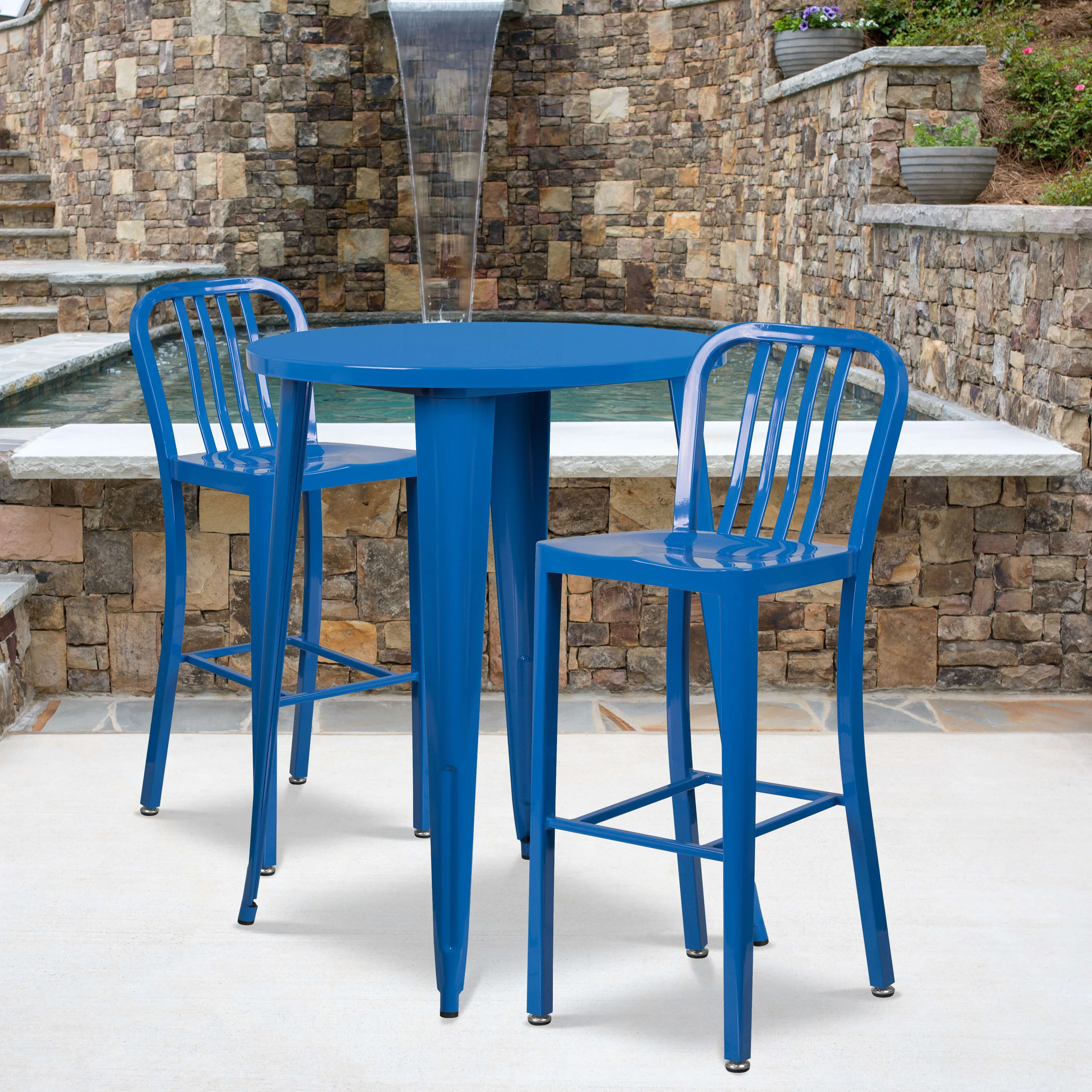 Commercial Grade 30" Round Metal Indoor-Outdoor Bar Table Set with 2 Vertical Slat Back Stools
