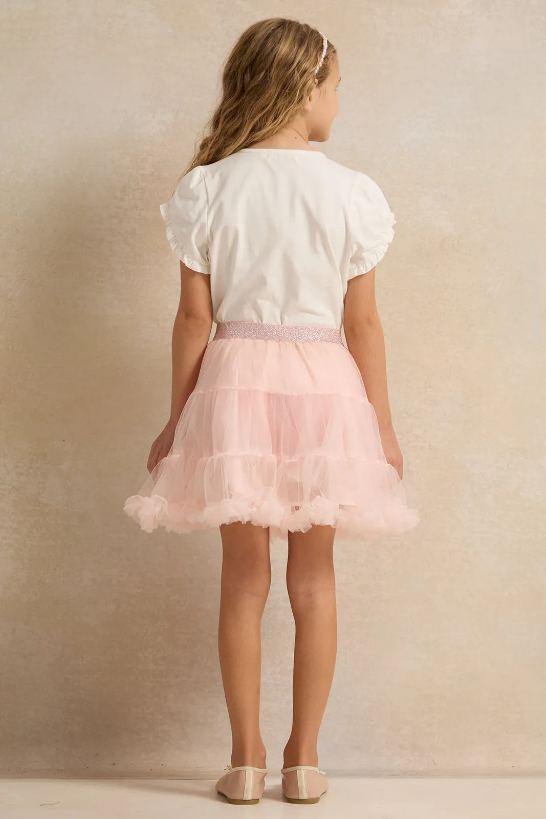 Girls White PrintedT-shirt And Lilac Skirt Set Of (2 Pieces)
