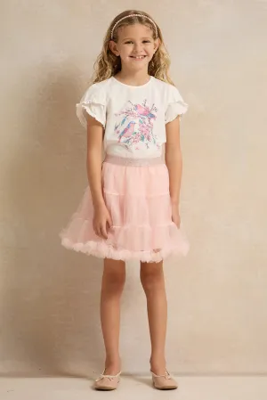 Girls White PrintedT-shirt And Lilac Skirt Set Of (2 Pieces)