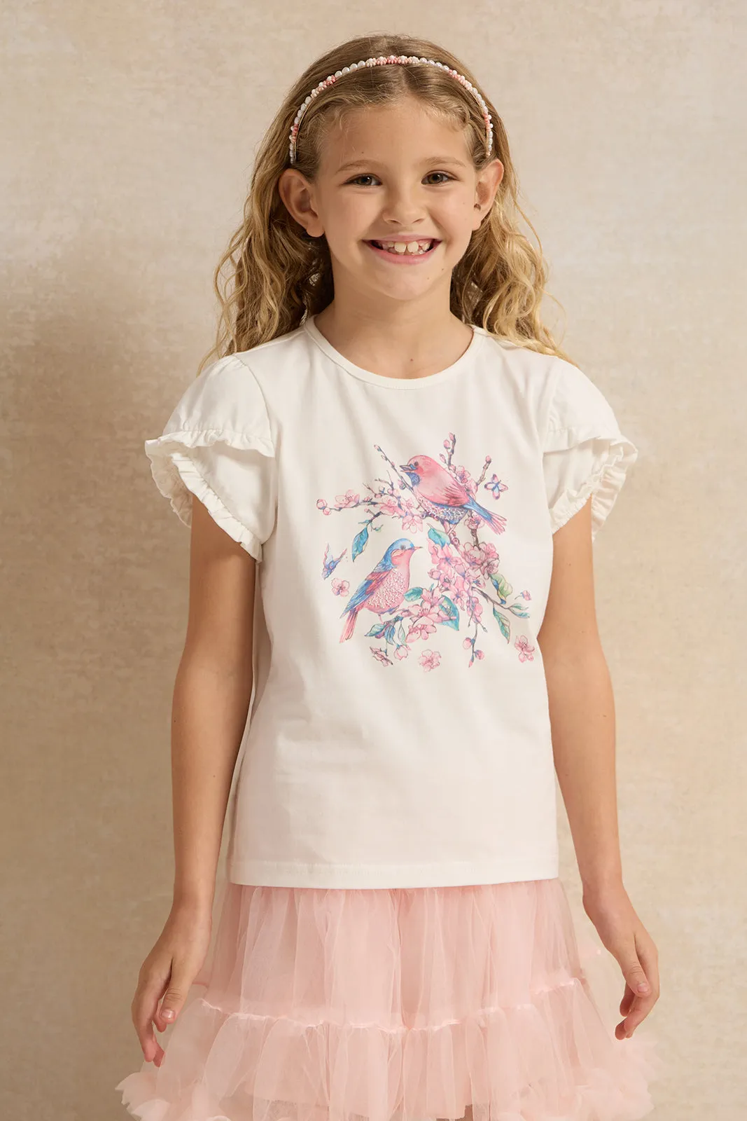 Girls White PrintedT-shirt And Lilac Skirt Set Of (2 Pieces)