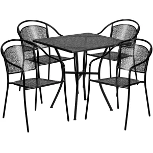 Oia Commercial Grade 28" Square Indoor-Outdoor Steel Patio Table Set with 4 Round Back Chairs