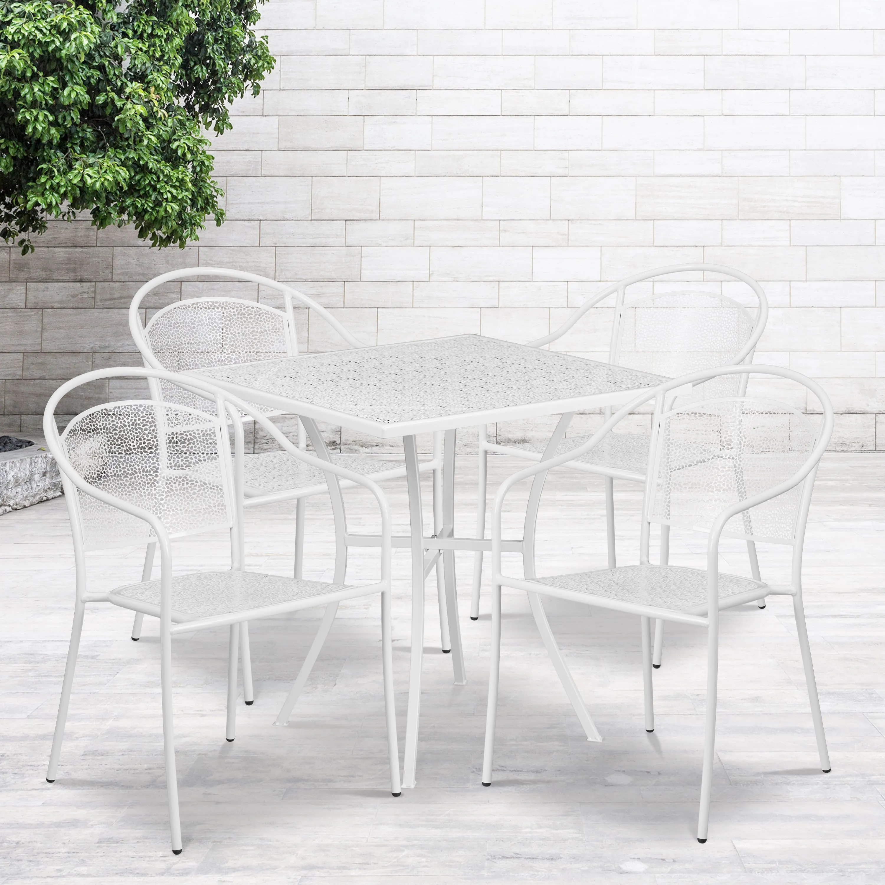 Oia Commercial Grade 28" Square Indoor-Outdoor Steel Patio Table Set with 4 Round Back Chairs
