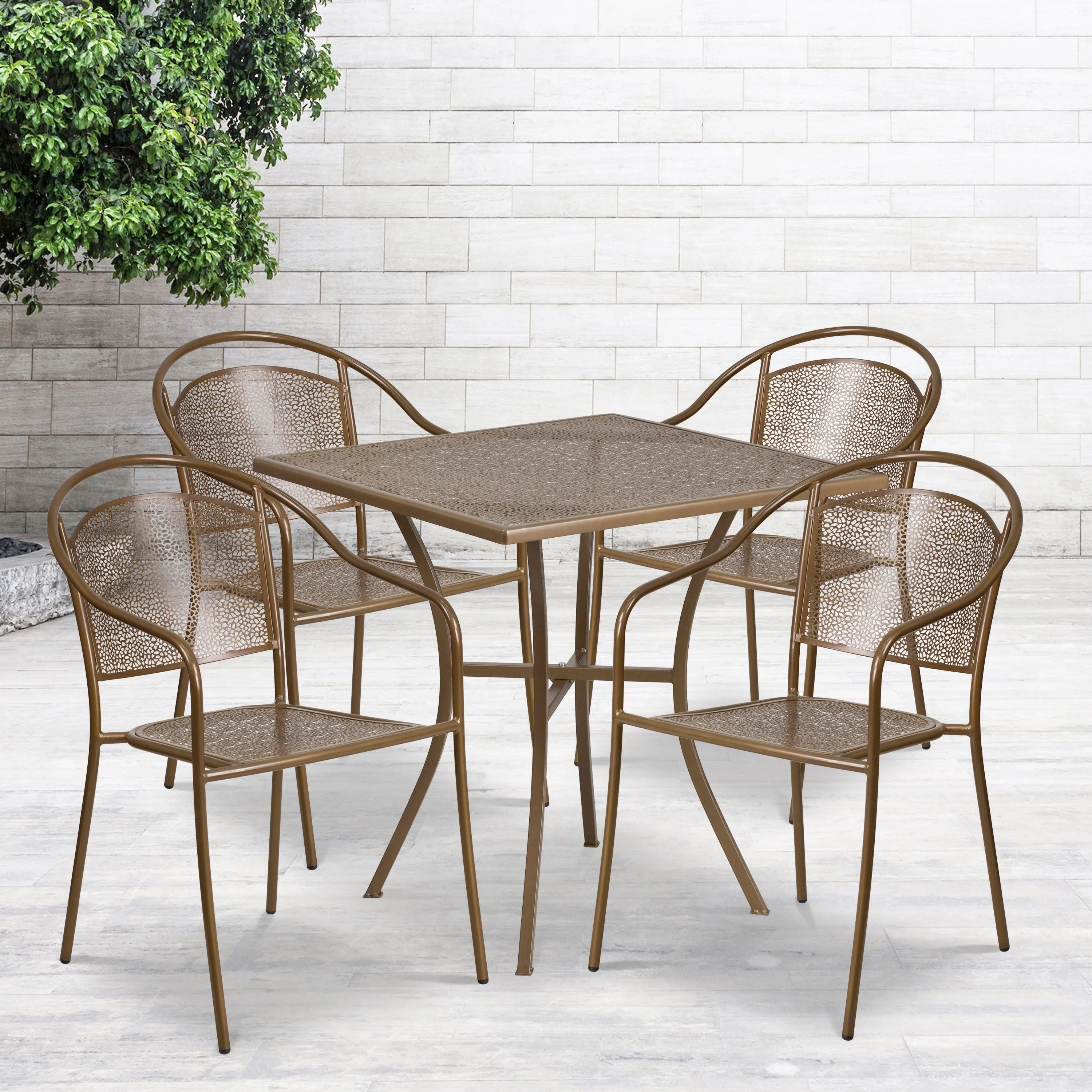 Oia Commercial Grade 28" Square Indoor-Outdoor Steel Patio Table Set with 4 Round Back Chairs