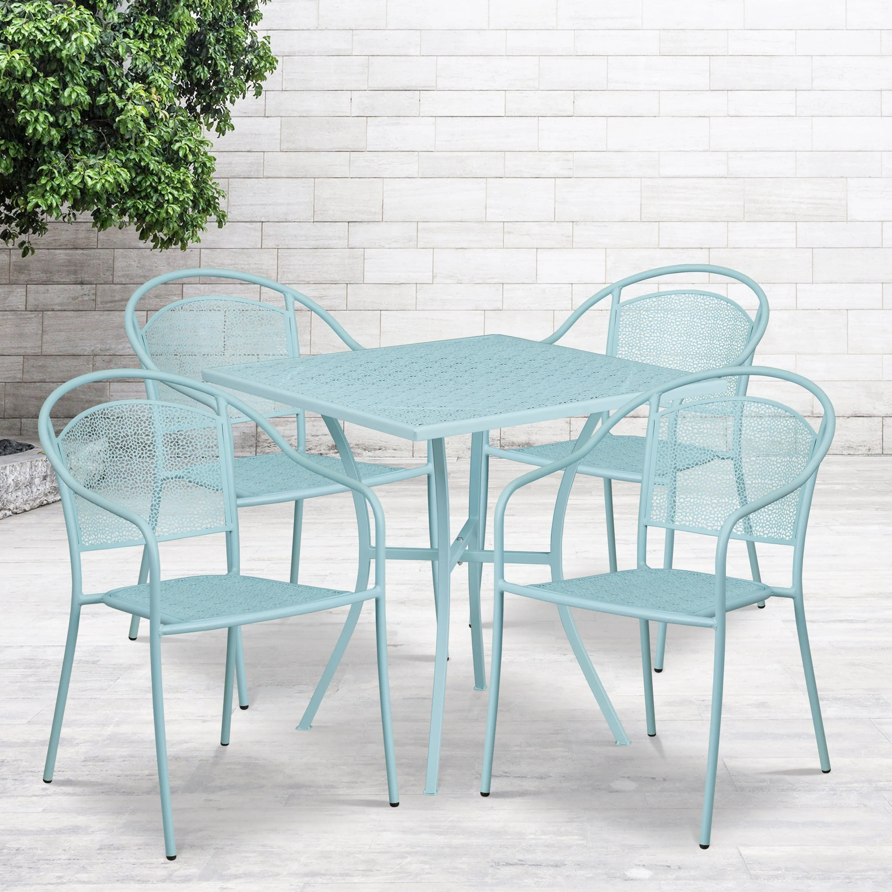 Oia Commercial Grade 28" Square Indoor-Outdoor Steel Patio Table Set with 4 Round Back Chairs