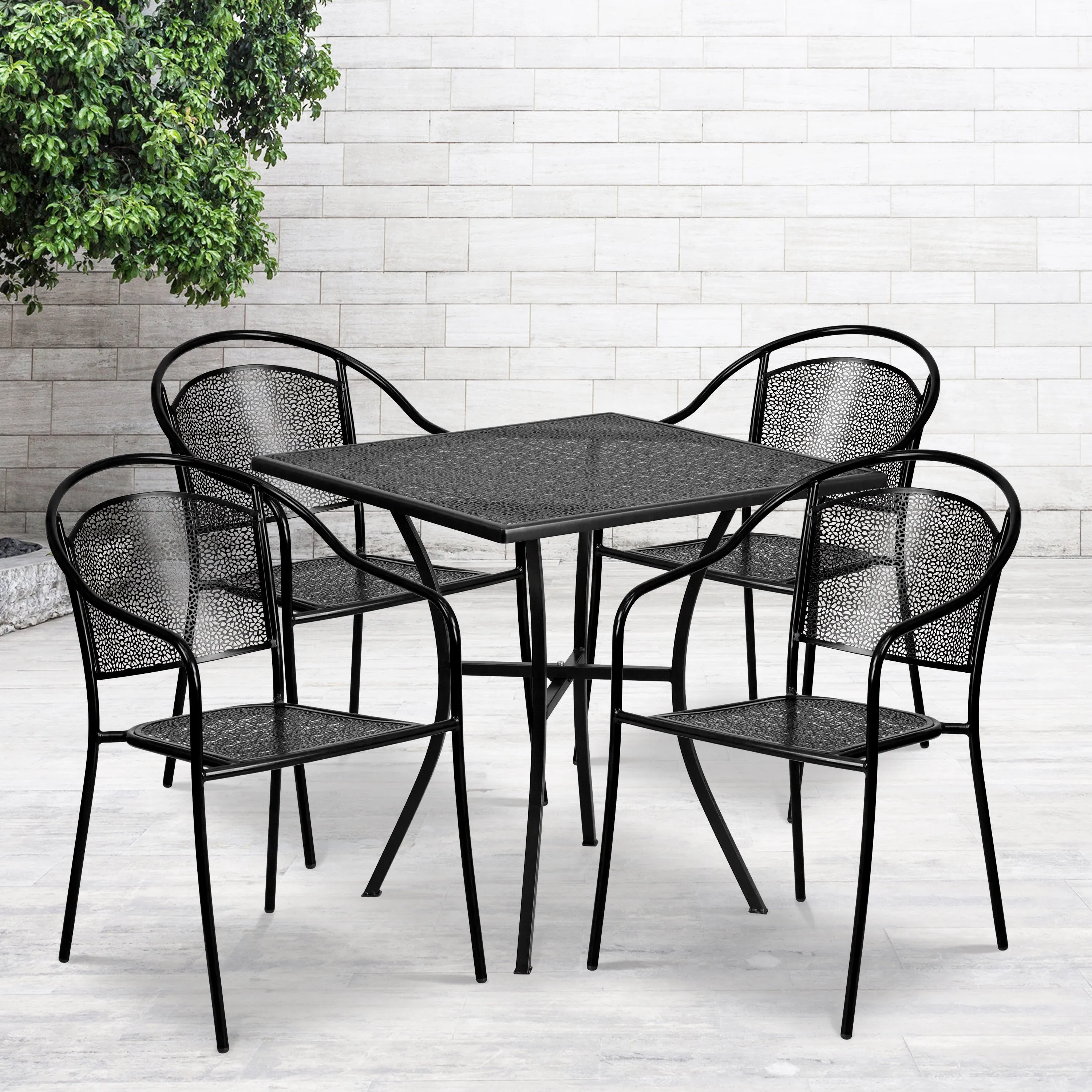 Oia Commercial Grade 28" Square Indoor-Outdoor Steel Patio Table Set with 4 Round Back Chairs
