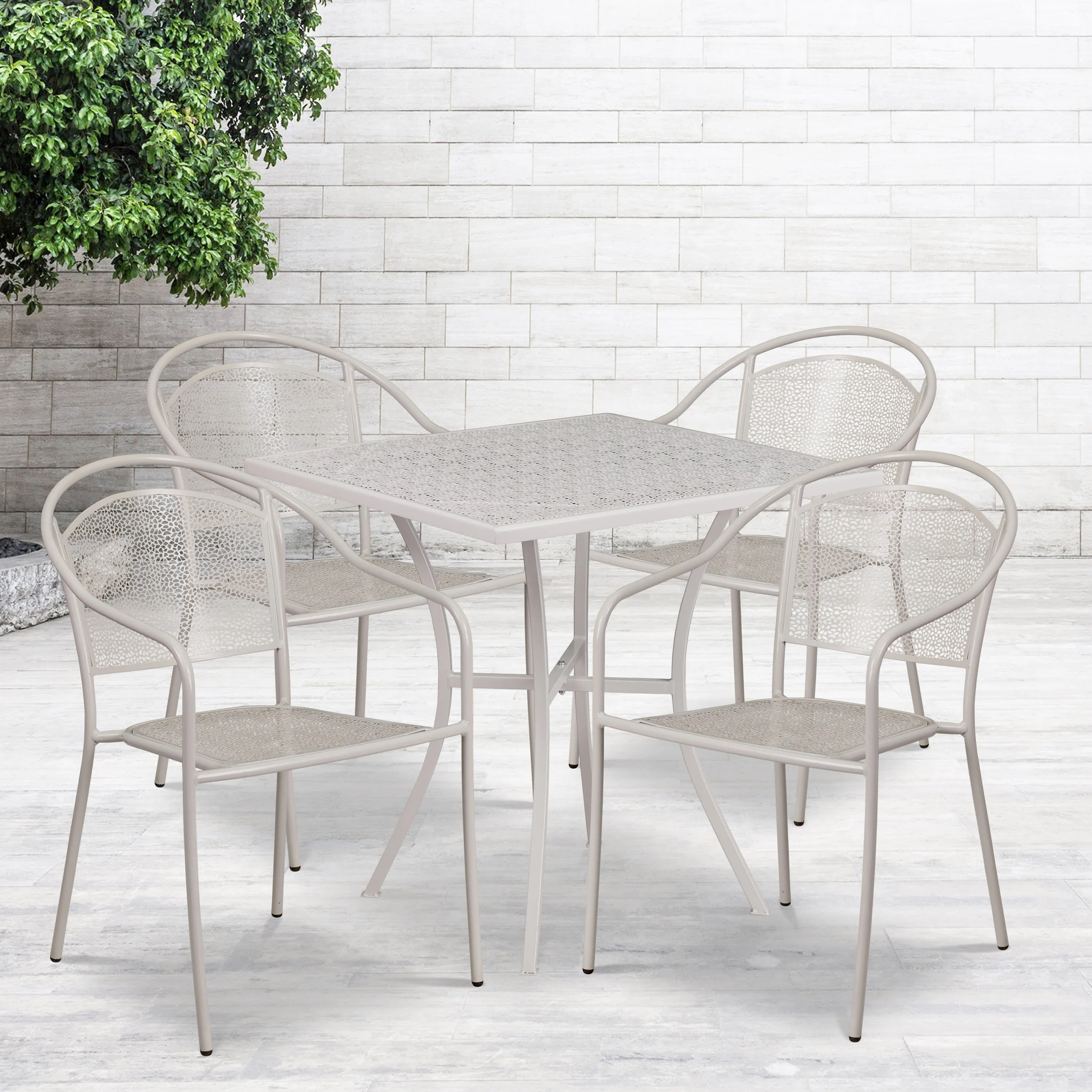 Oia Commercial Grade 28" Square Indoor-Outdoor Steel Patio Table Set with 4 Round Back Chairs