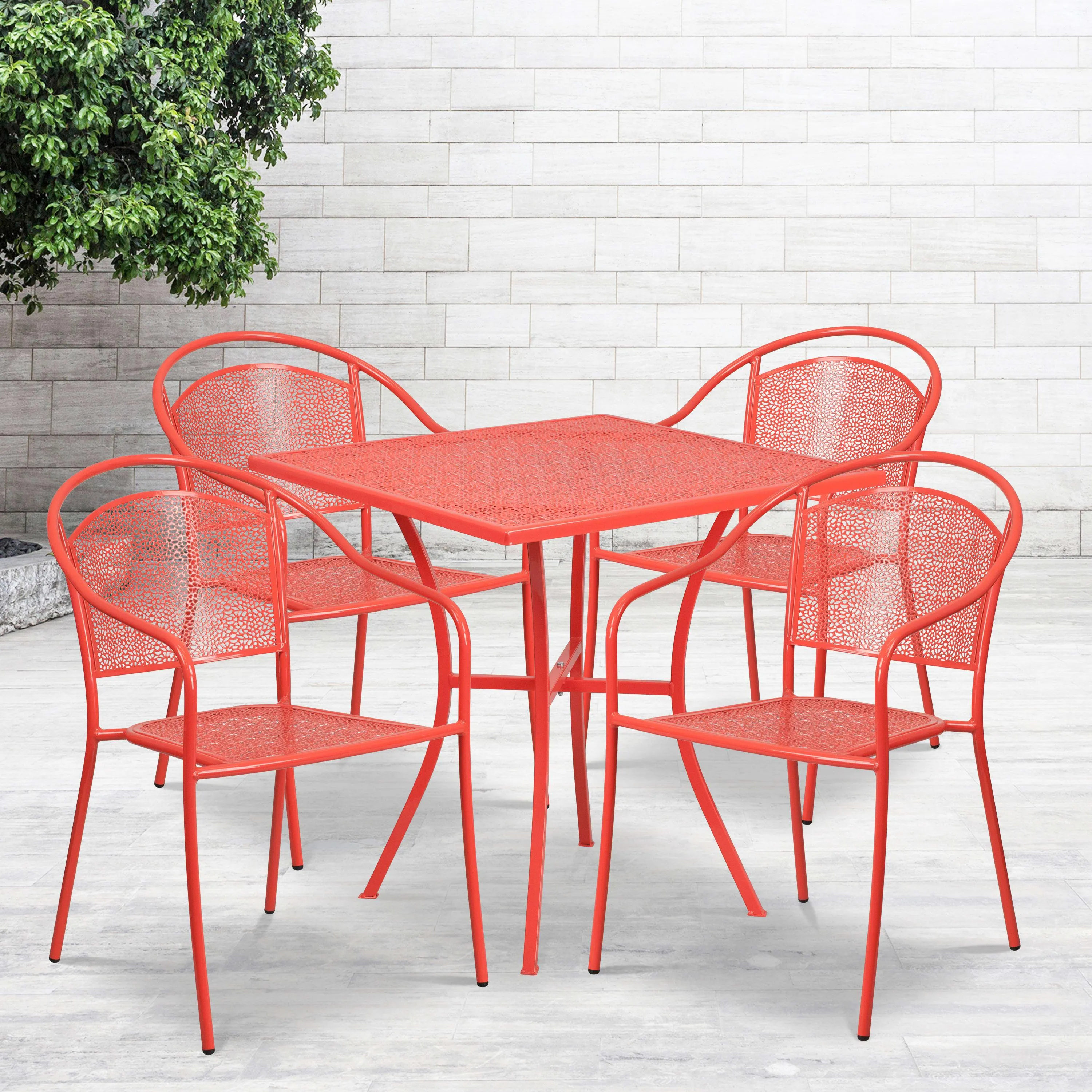 Oia Commercial Grade 28" Square Indoor-Outdoor Steel Patio Table Set with 4 Round Back Chairs
