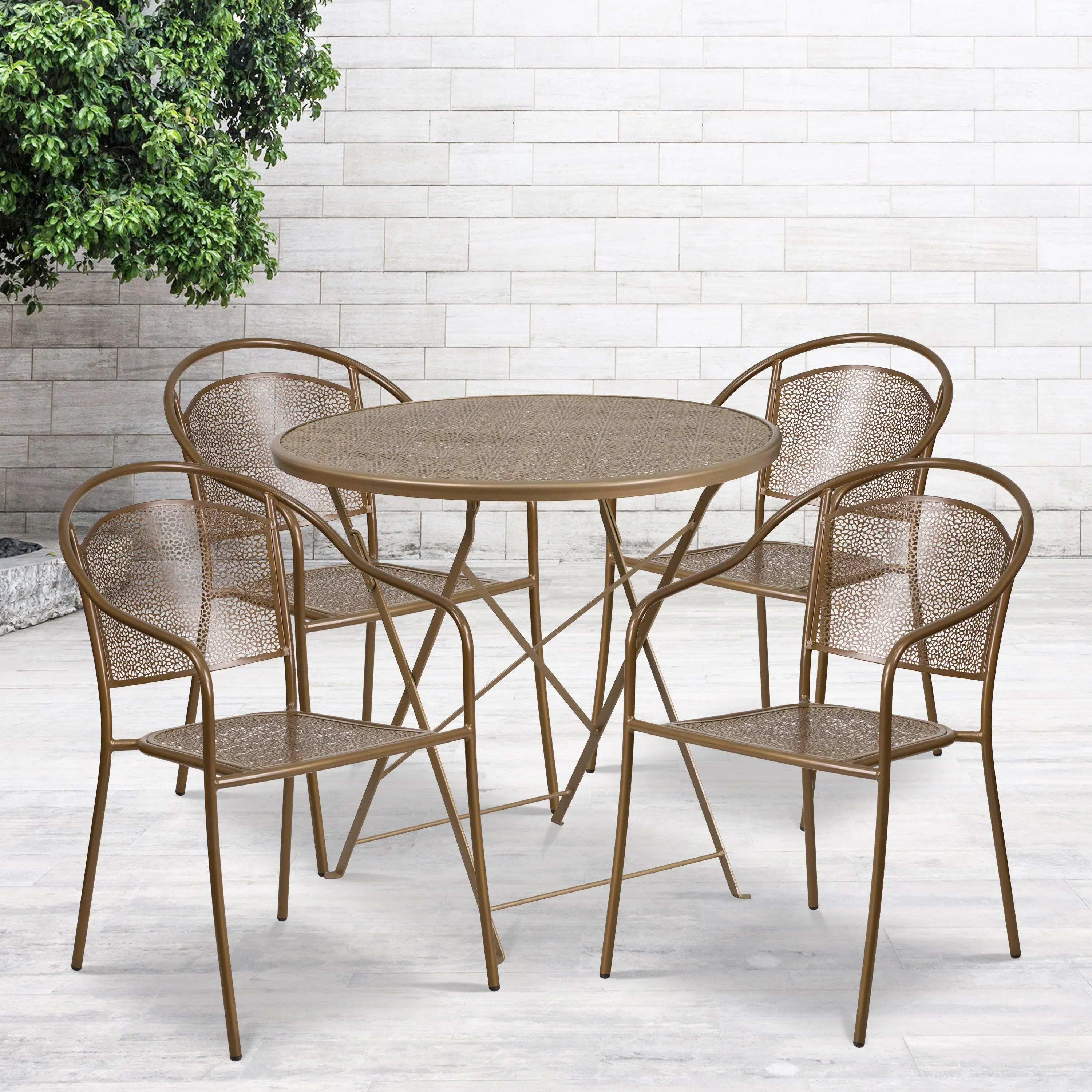 Oia Commercial Grade 30" Round Indoor-Outdoor Steel Folding Patio Table Set with 4 Round Back Chairs