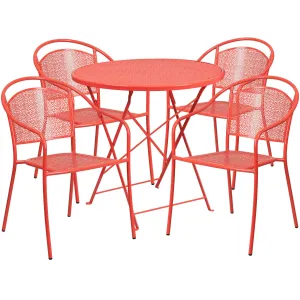 Oia Commercial Grade 30" Round Indoor-Outdoor Steel Folding Patio Table Set with 4 Round Back Chairs