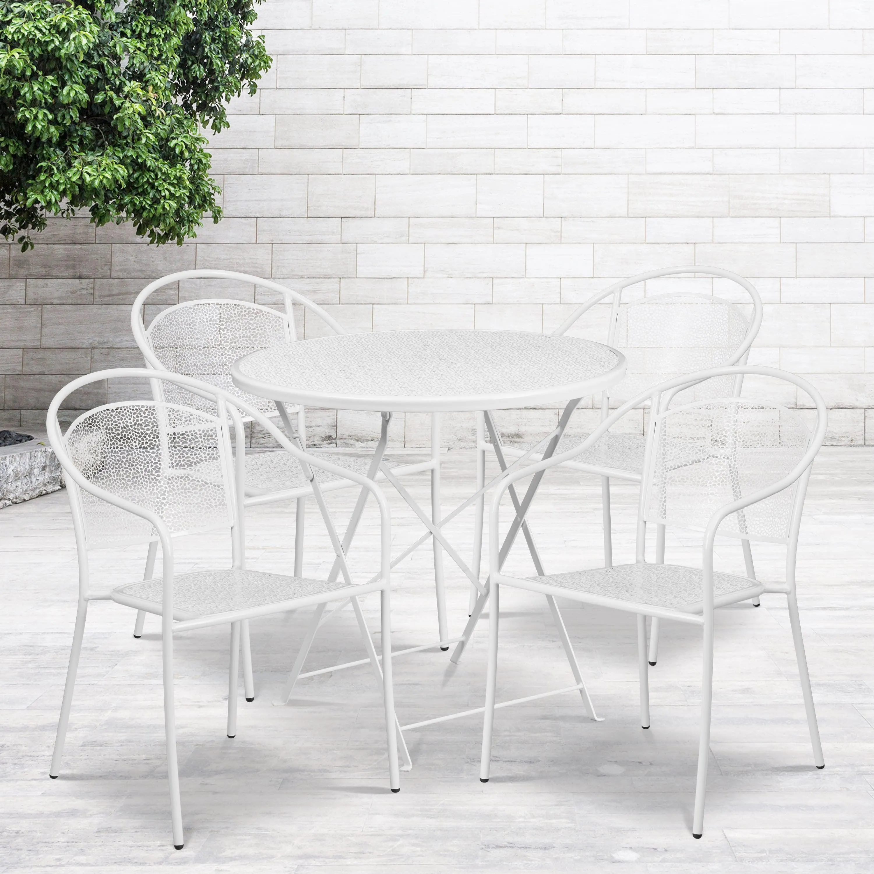 Oia Commercial Grade 30" Round Indoor-Outdoor Steel Folding Patio Table Set with 4 Round Back Chairs