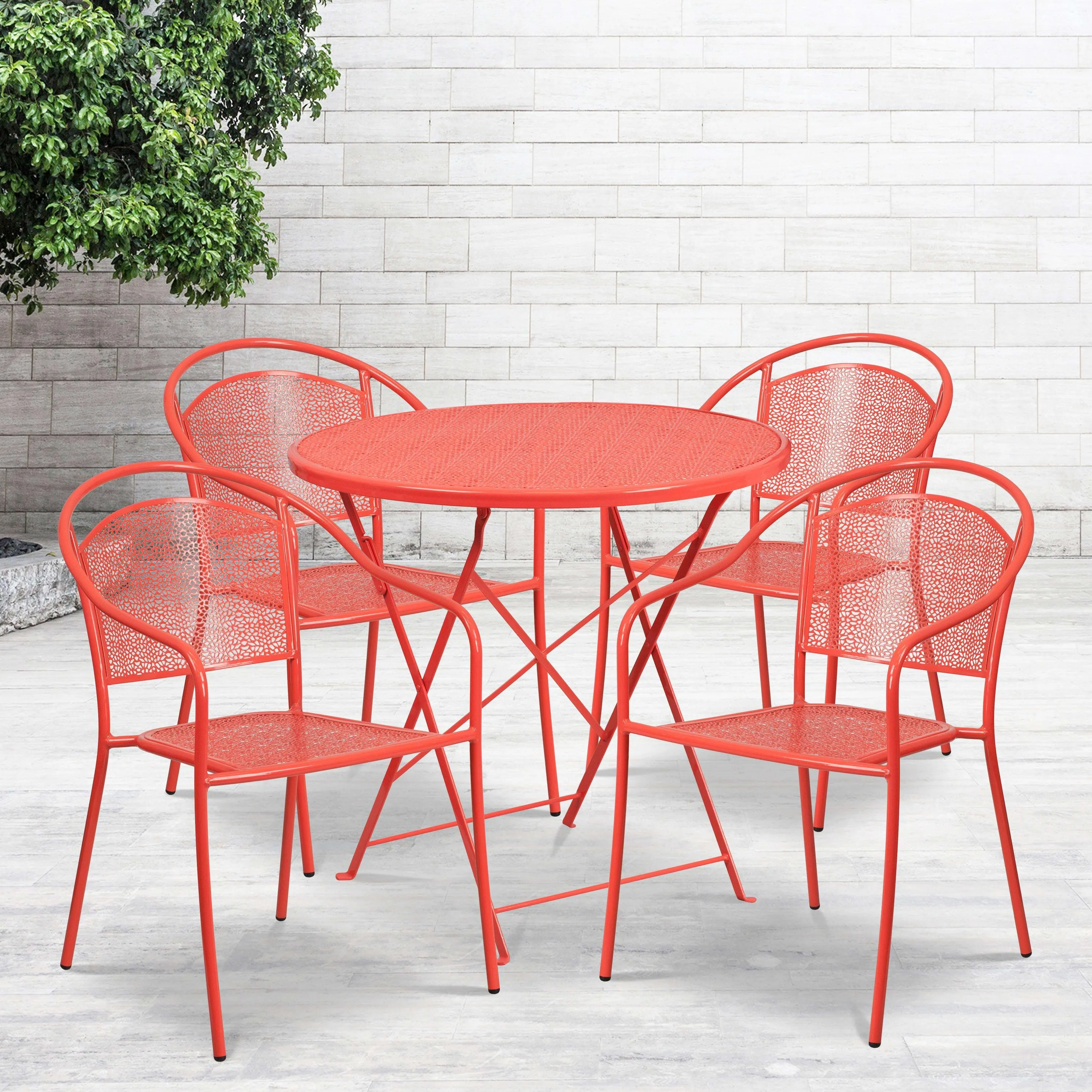 Oia Commercial Grade 30" Round Indoor-Outdoor Steel Folding Patio Table Set with 4 Round Back Chairs