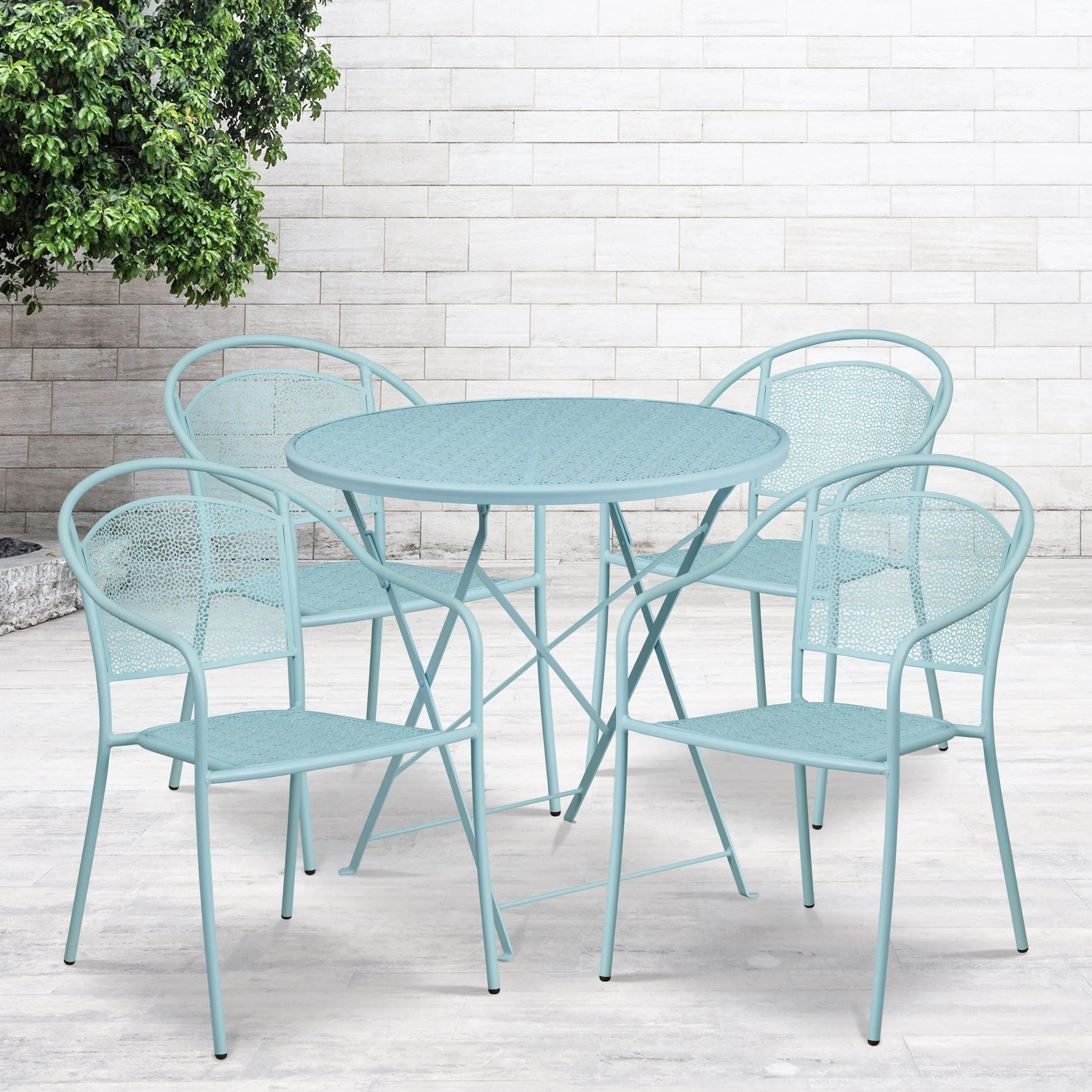 Oia Commercial Grade 30" Round Indoor-Outdoor Steel Folding Patio Table Set with 4 Round Back Chairs
