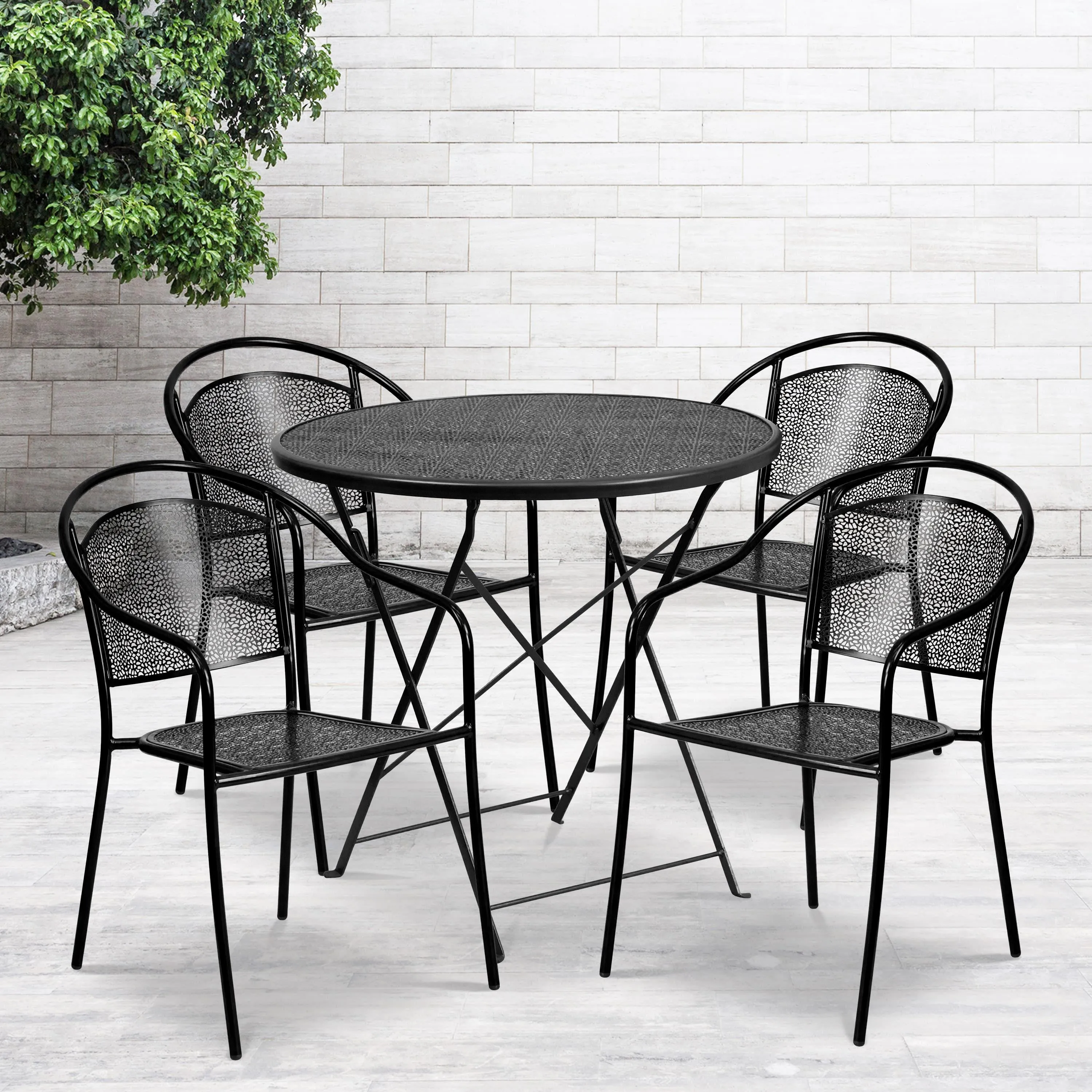 Oia Commercial Grade 30" Round Indoor-Outdoor Steel Folding Patio Table Set with 4 Round Back Chairs