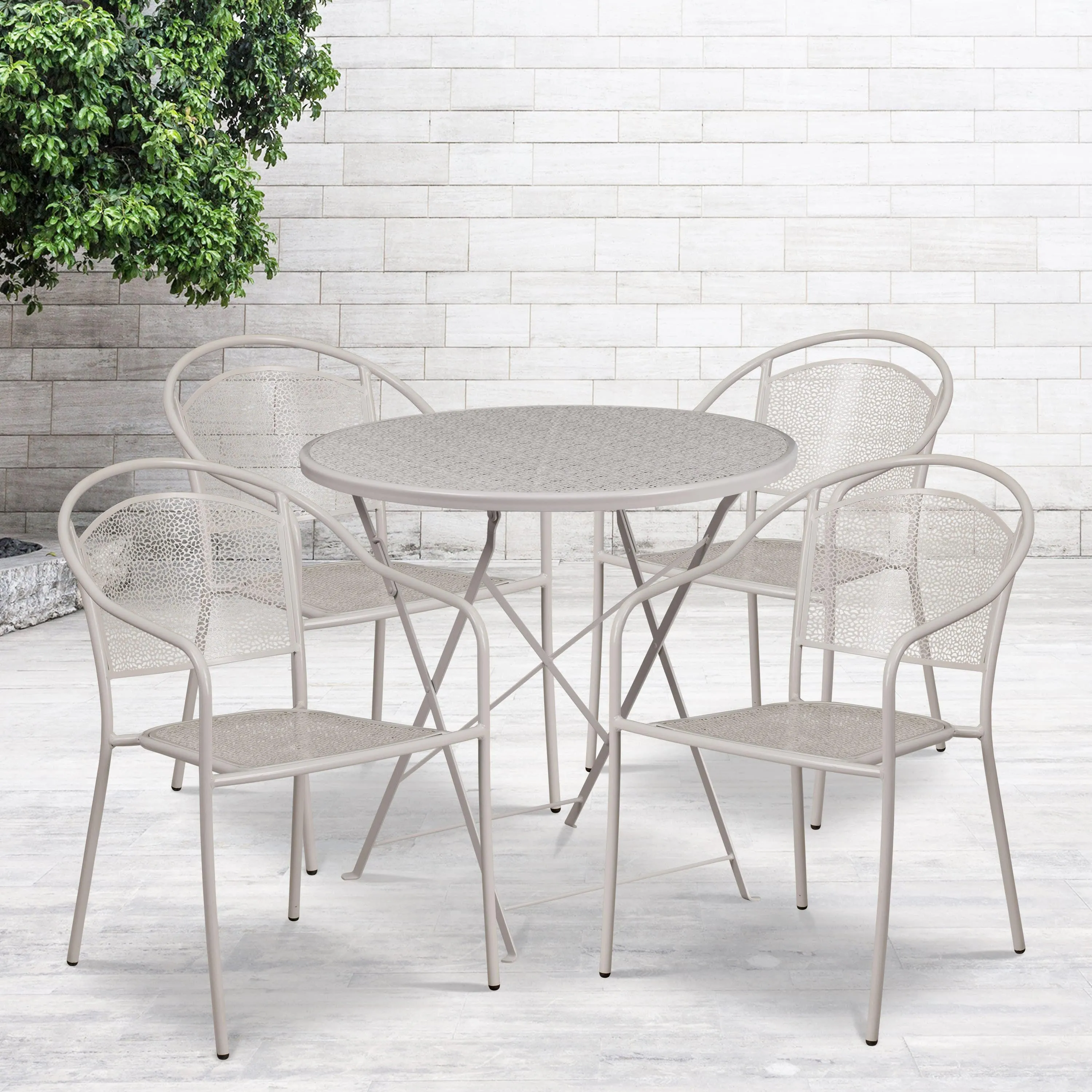 Oia Commercial Grade 30" Round Indoor-Outdoor Steel Folding Patio Table Set with 4 Round Back Chairs