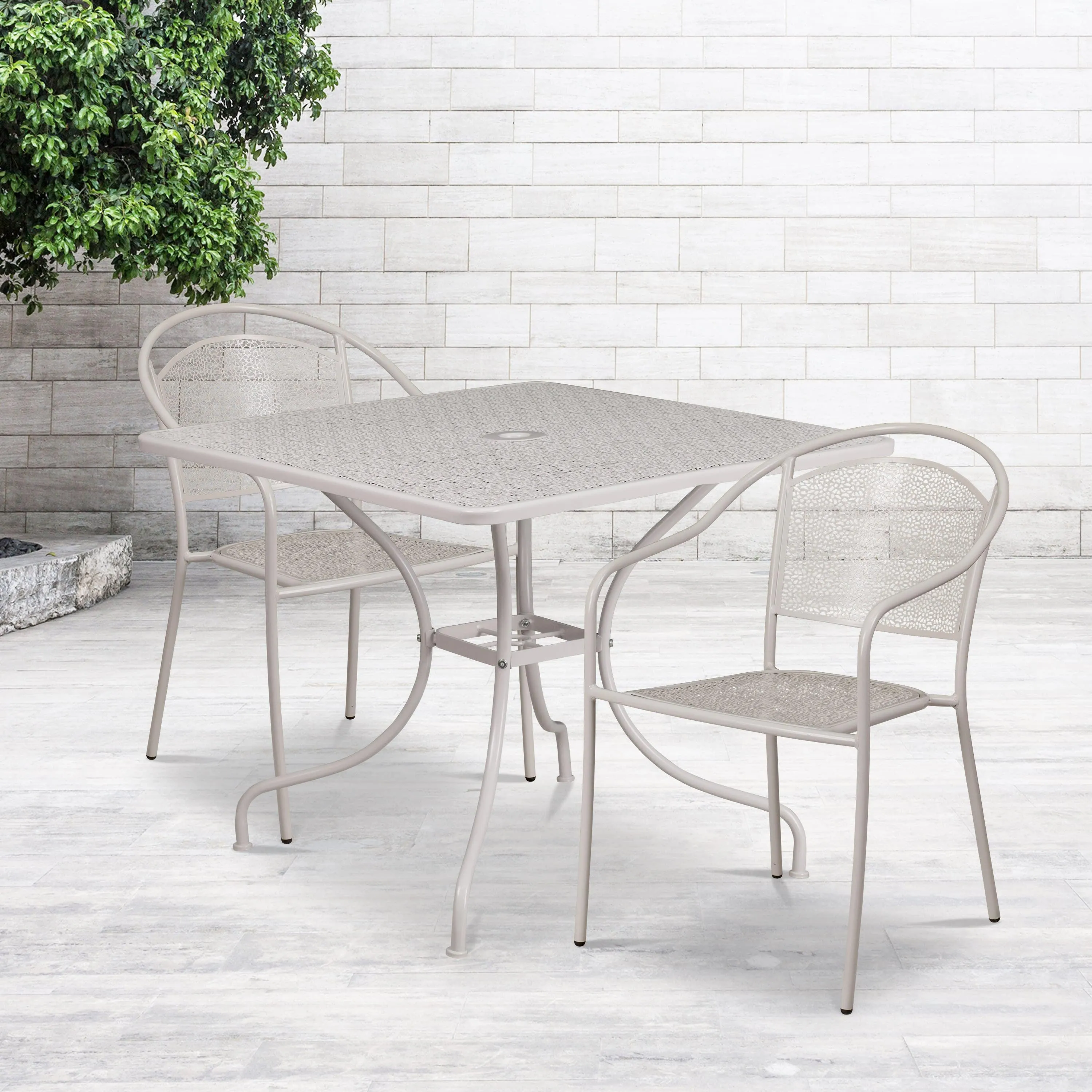 Oia Commercial Grade 35.5" Square Indoor-Outdoor Steel Patio Table Set with 2 Round Back Chairs